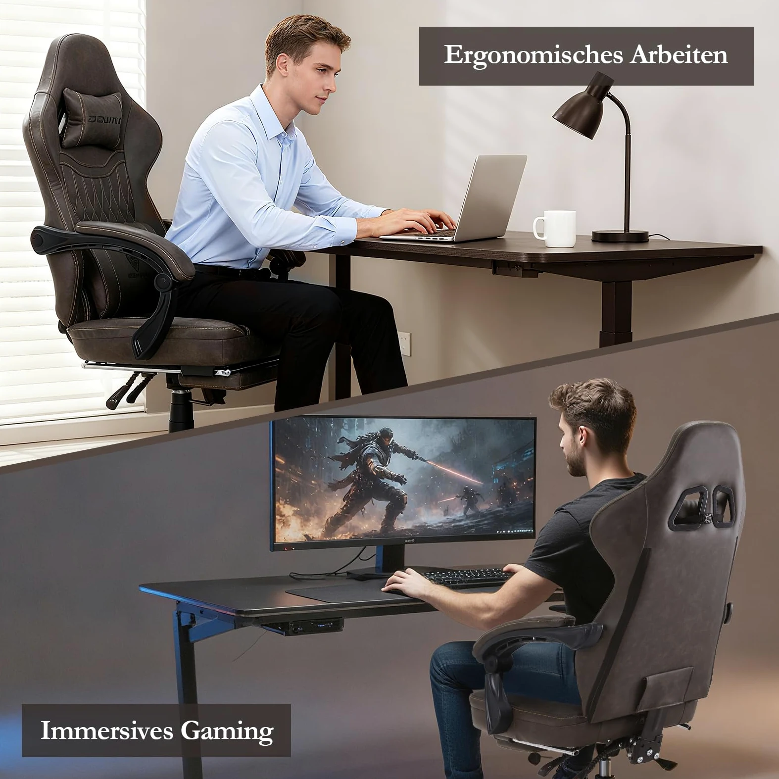 Dowinx Sedia da gioco con cuscino primaverile, da corsa, da ufficio, con massaggio, ergonomica, con poggiapiedi, in pelle PU (marrone)