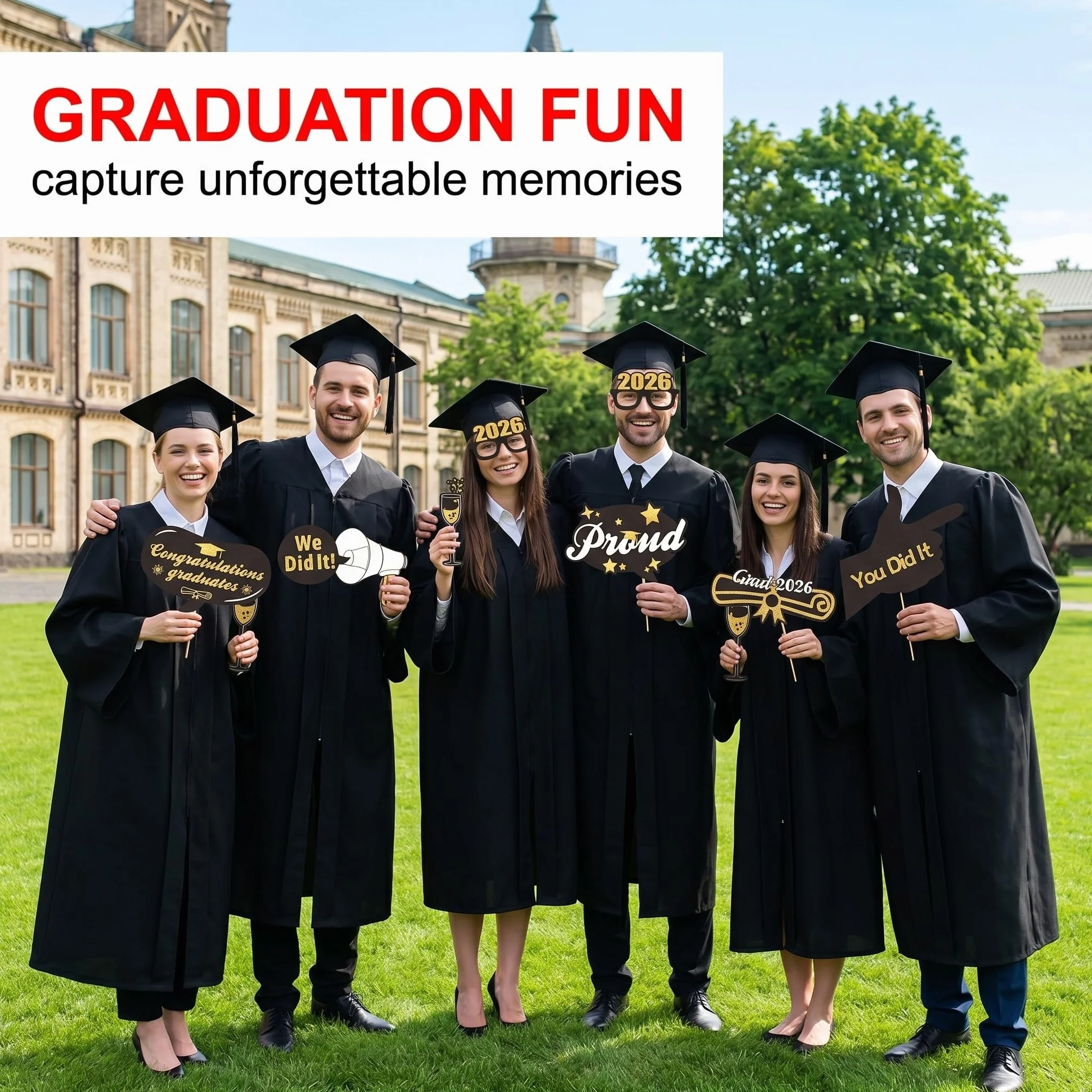 Foto Props Laurea 2026 | 20 Pezzi Gadget Divertenti Nero Oro per Photo Booth. Decorazioni per Festa di Graduazione, Accessori in Carta per Foto Indimenticabili Abi & Bachelor.