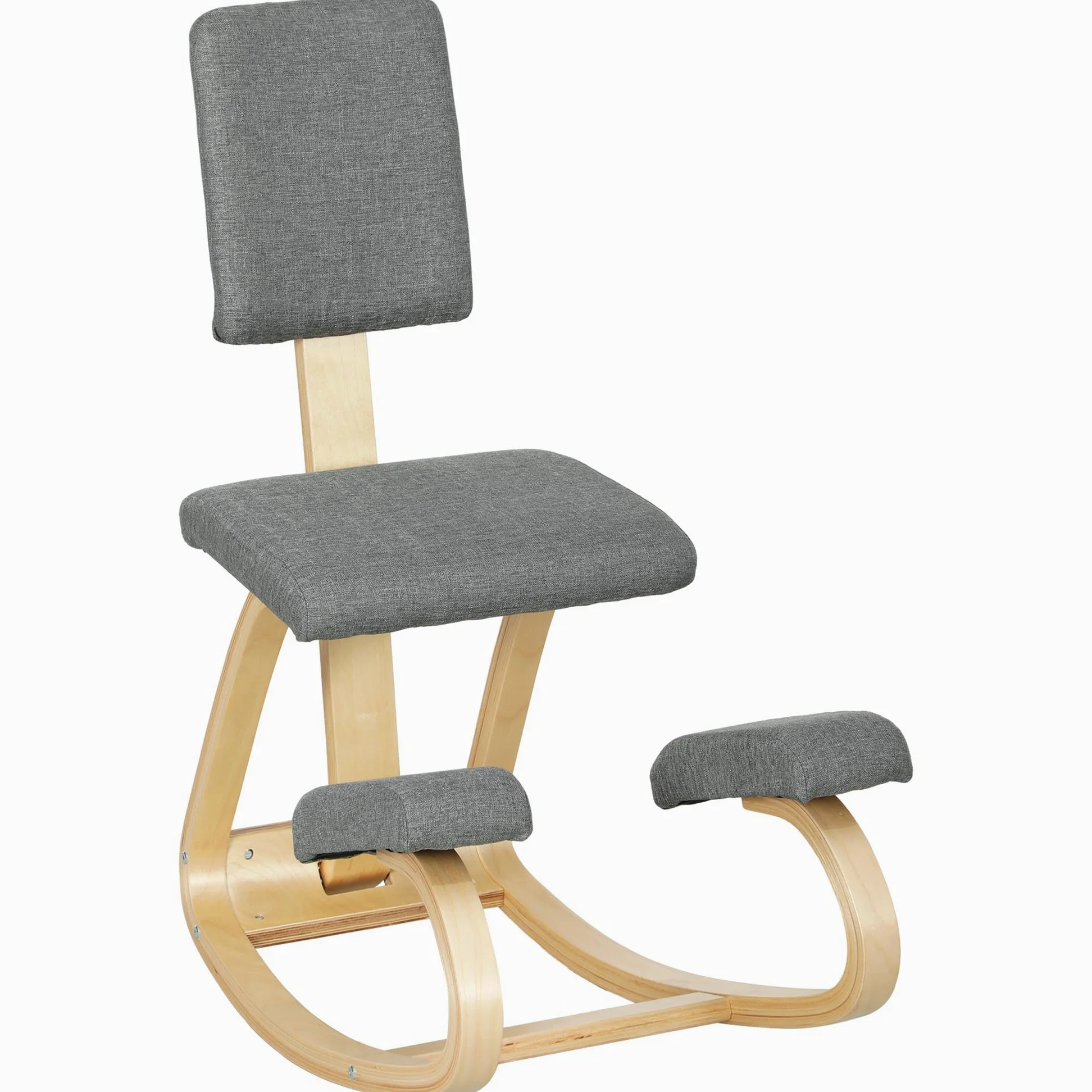 HOMCOM Sedia Ergonomica a Inginocchiatoio con Movimento a Dondolo, Sedia Ergonomica Imbottita Posturale in Tessuto Effetto Lino e Legno di Betulla, 51x84x93 cm, Grigio