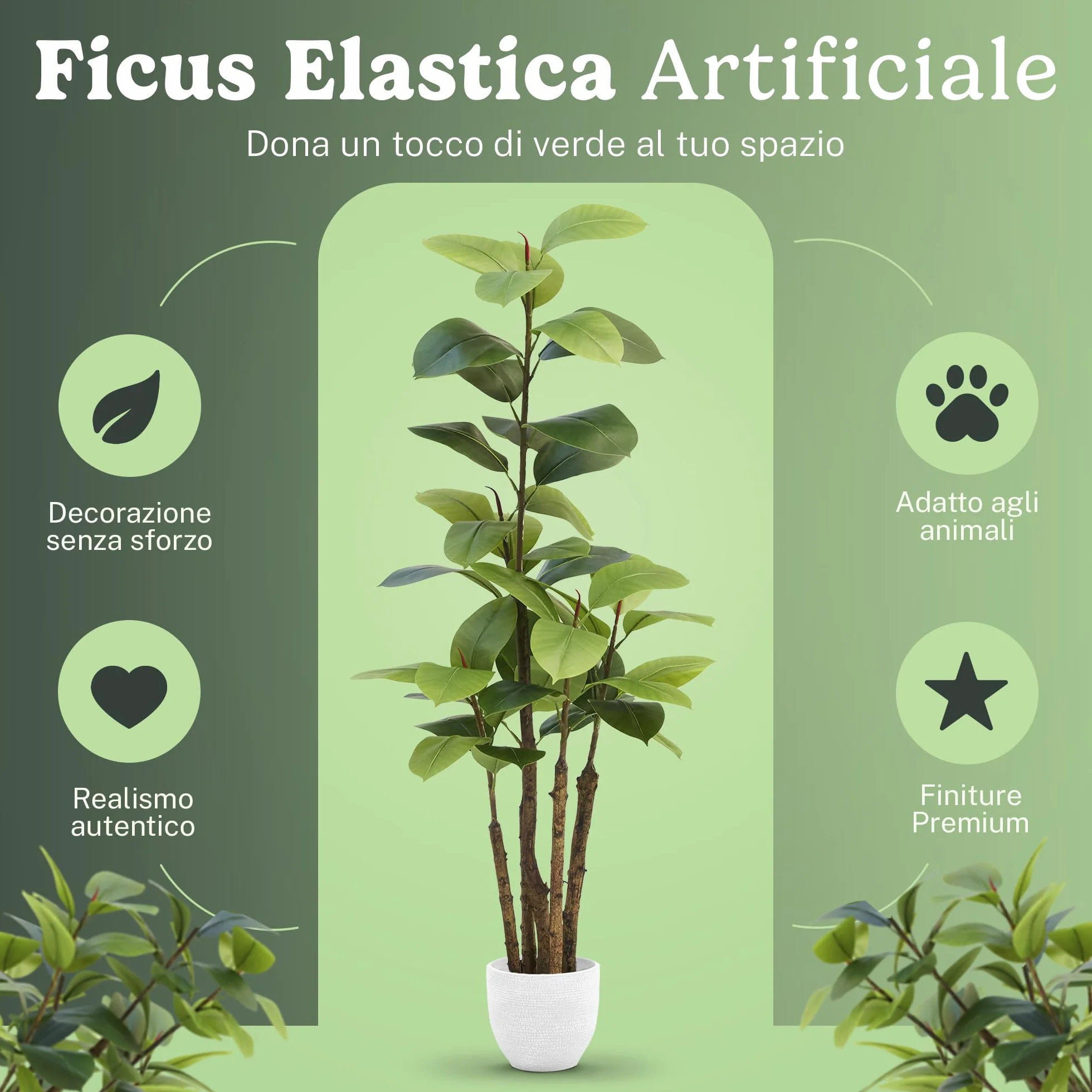 Ficus artificiale 180 cm, pianta finta grande da interno Ficus Elastica iperrealistica, albero decorativo