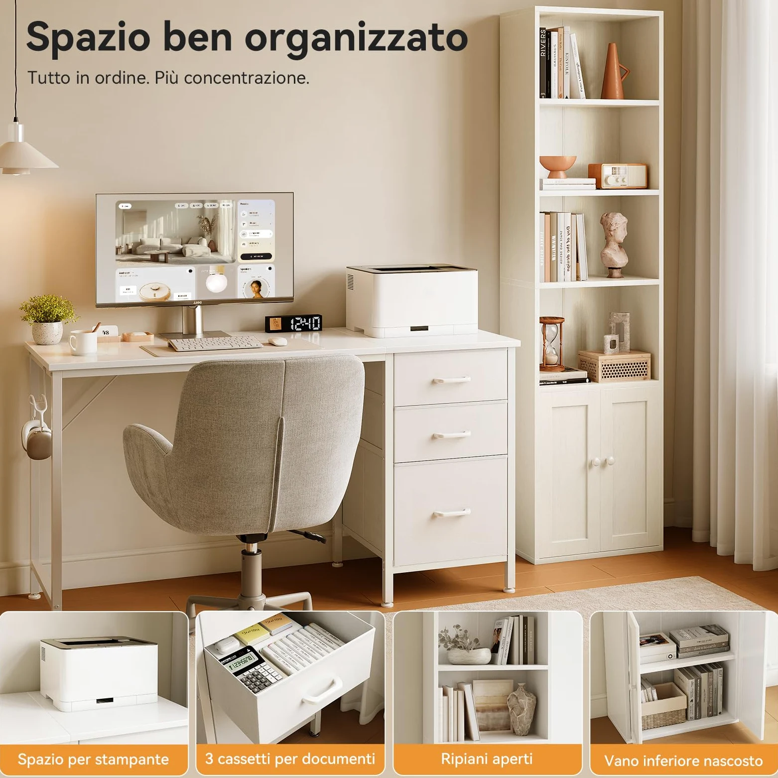Coleshome Set Mobili Ufficio, Scrivania 120x48cm con 3 Cassetti e Portacuffie & Libreria a 6 Ripiani con Ante 176cm, Set Scrivania e Scaffale Salvaspazio per Casa e Studio, Bianco