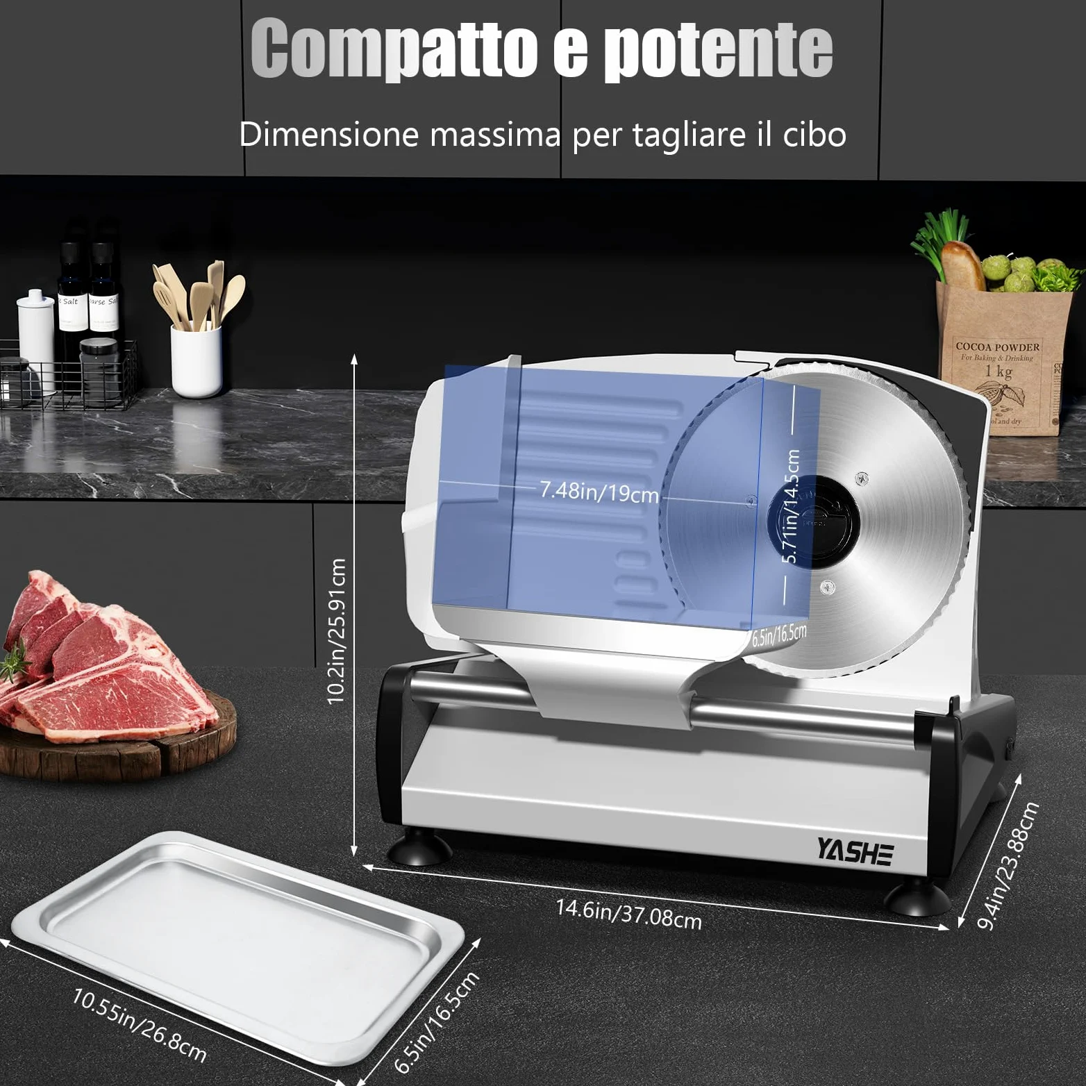 YASHE Affettatrice Elettrica Da Casa Con Motore DC Silenzioso, Affettatrice Professionale Per Prosciutto 200W, Lame In Acciaio Inox Doppie Da 19CM, Spessore Regolabile 0-15mm Per Carne Formaggio Pane