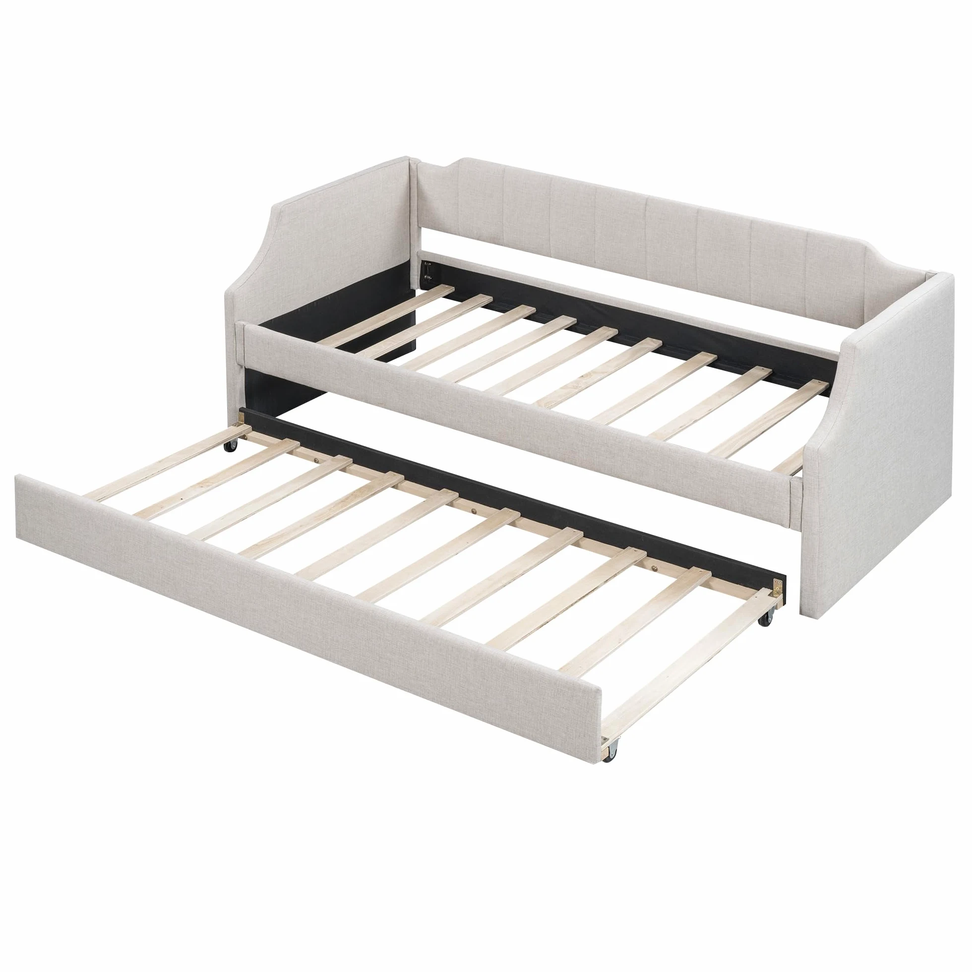 Azkoeesy Letto imbottito 90 x 200 cm, divano letto con secondo letto estraibile, con rete a doghe, lettino per bambini, max 120 kg, rivestimento in lino (beige), WX602