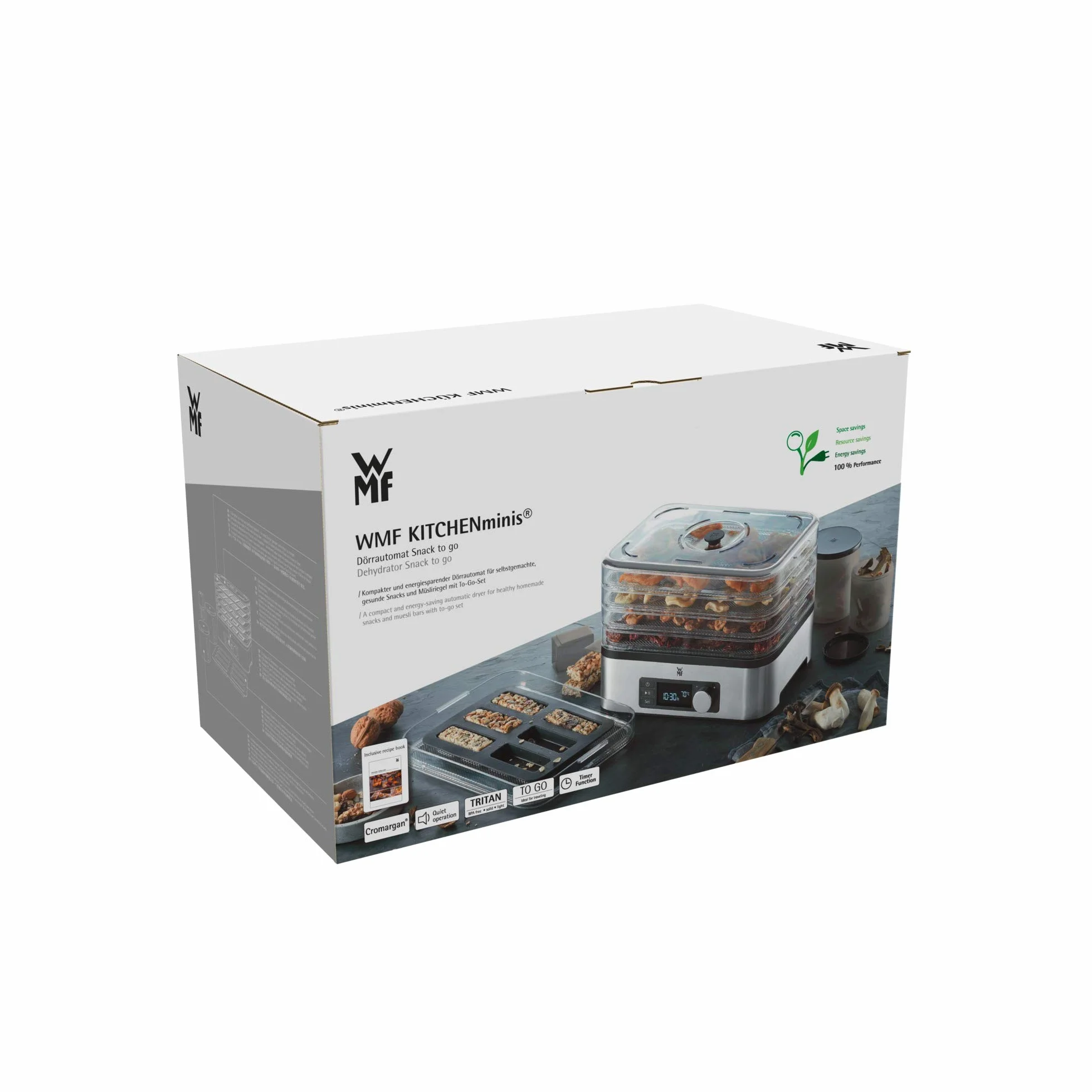 WMF KitchenMinis Essiccatore Compatto Snack to Go, in Acciaio Cromargan con 5 Griglie di Essicazione in Tritan, Sistema Silenzioso, Essicatore con Display LCD e Timer Programmabile, Dim. 28 x19x21 cm