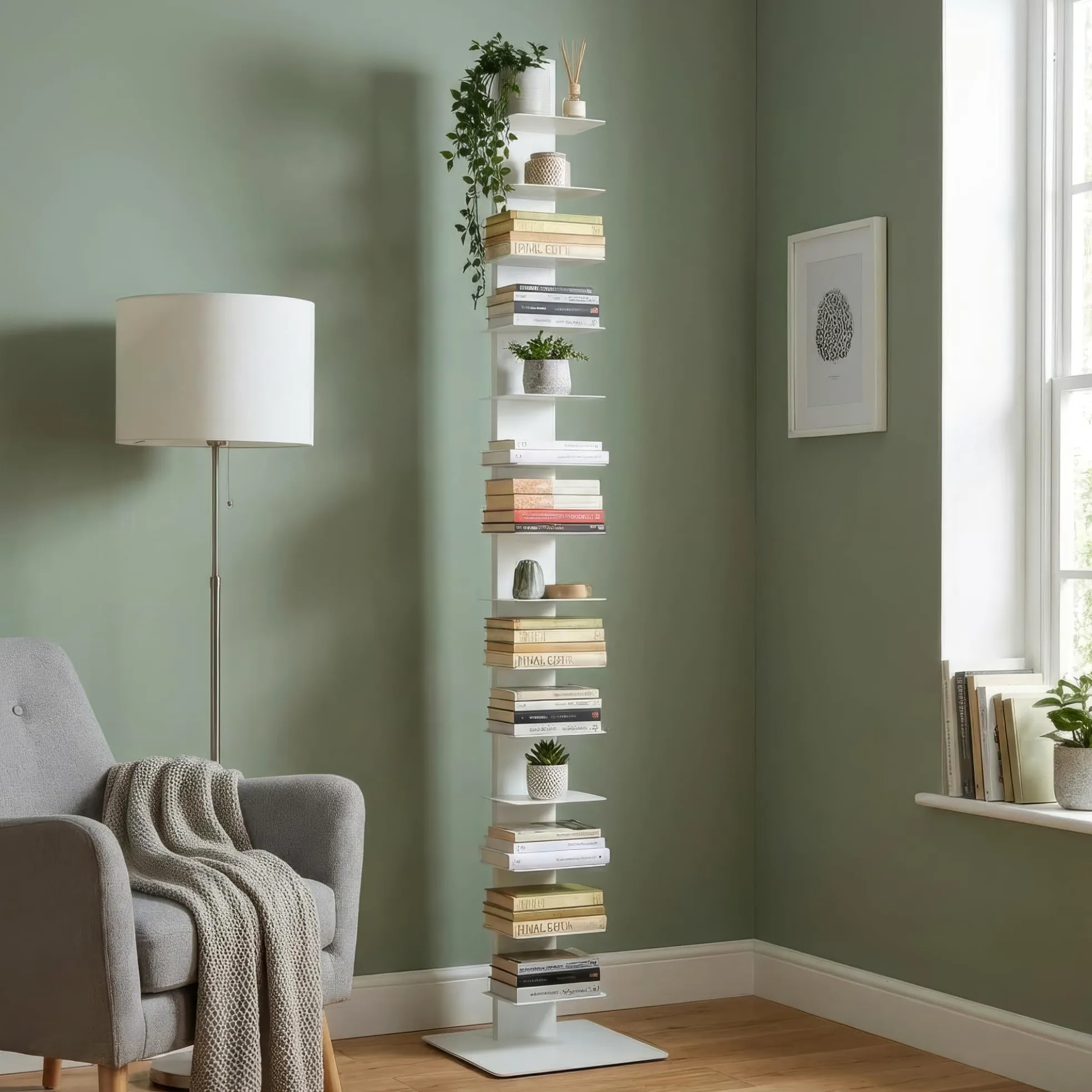 Flo.mar - Libreria a Colonna Bianca con 14 Ripiani 20x15cm - Libreria Verticale a Colonna da Terra con Base in Metallo 35x35 cm - Stretta e Alta 214 cm