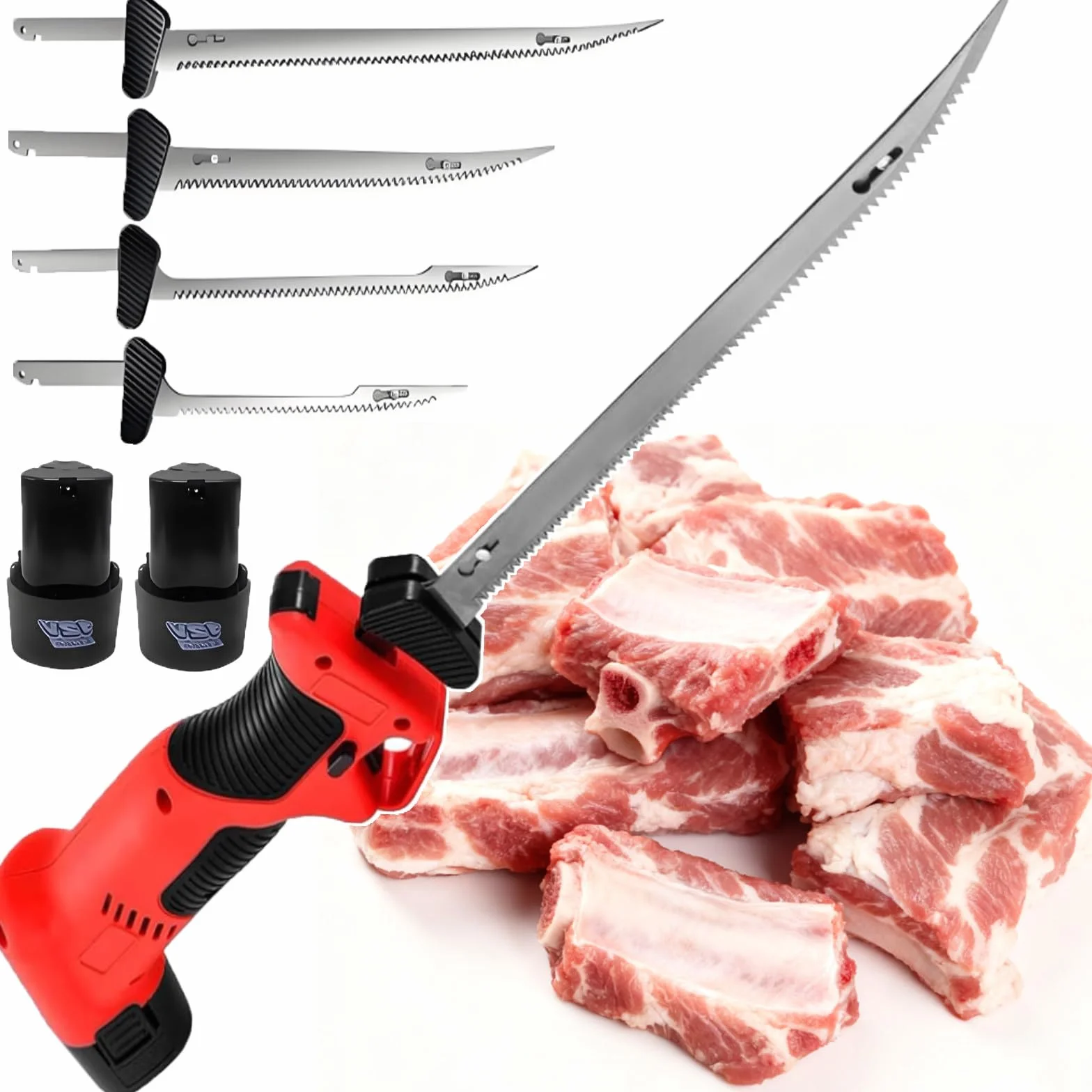 Coltello Elettrico Cordless Professionale per Filetti/Ossa Piccole - Sega Alternativa per Filetti di Pesce/Carne, Ricaricabile, per Campeggio E Pesca, con 4 Lame, 2 Batterie da 2000 mAh
