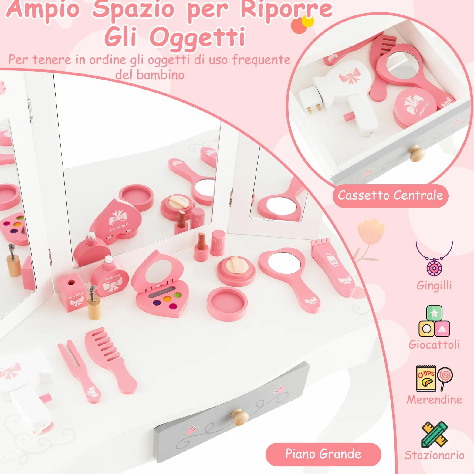 RELAX4LIFE Toeletta Trucco per Bambina, Specchiera Trucco con Sgabello e Accessori da Trucco, Toeletta in Legno, Specchio Rimovibile, per Bambini 3+ Anni (TRIPLO, 34x50x93cm)