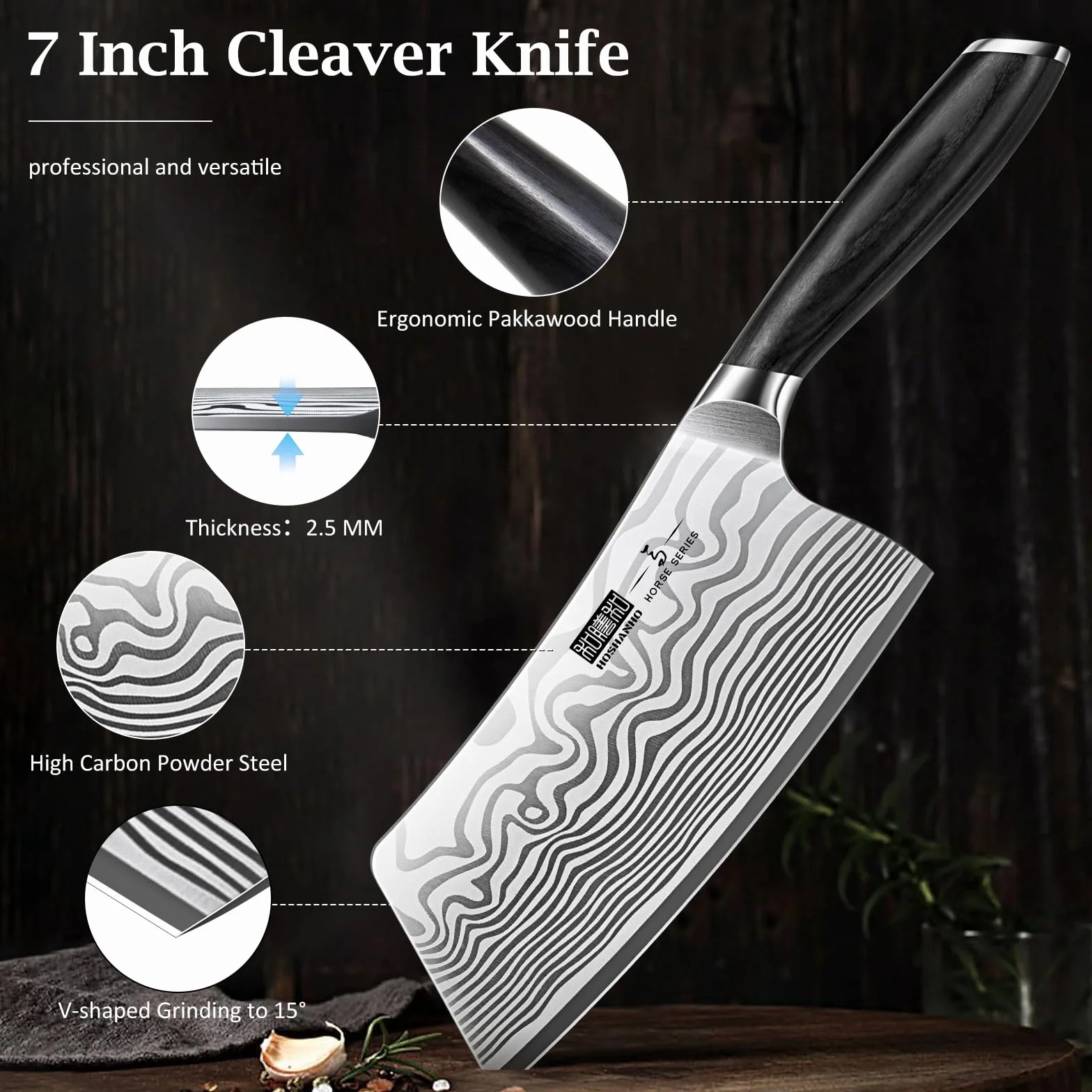 HOSHANHO Mannaia da Cucina 18 cm, Acciaio in Polvere ad Alto Tenore di Carbonio, Ultra Affilata