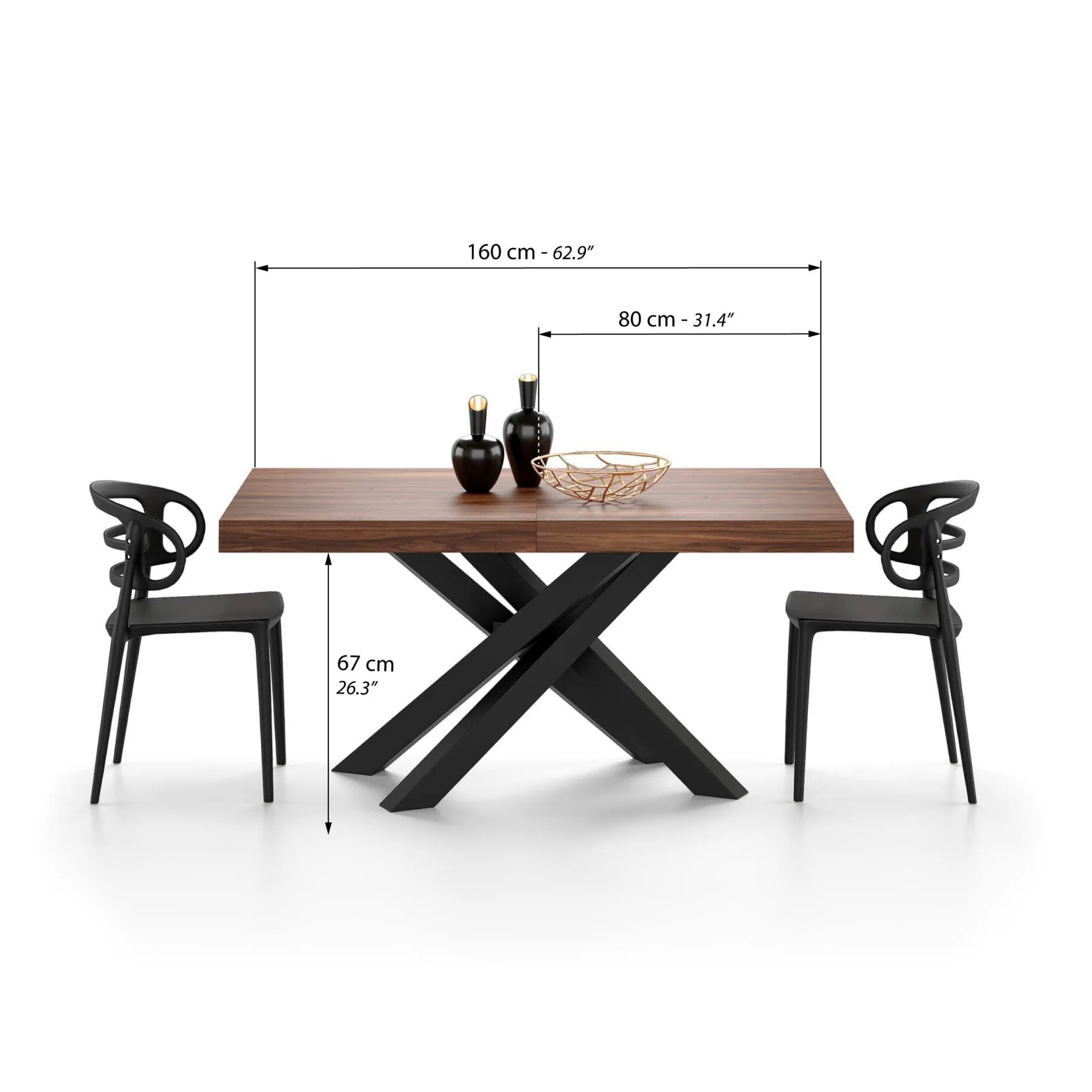 Mobili Fiver, Tavolo Allungabile Emma 160(240) x90 cm, Noce Canaletto con Gambe Incrociate Nere, per 6-10 persone, Tavolo Cucina, Soggiorno, Made in Italy