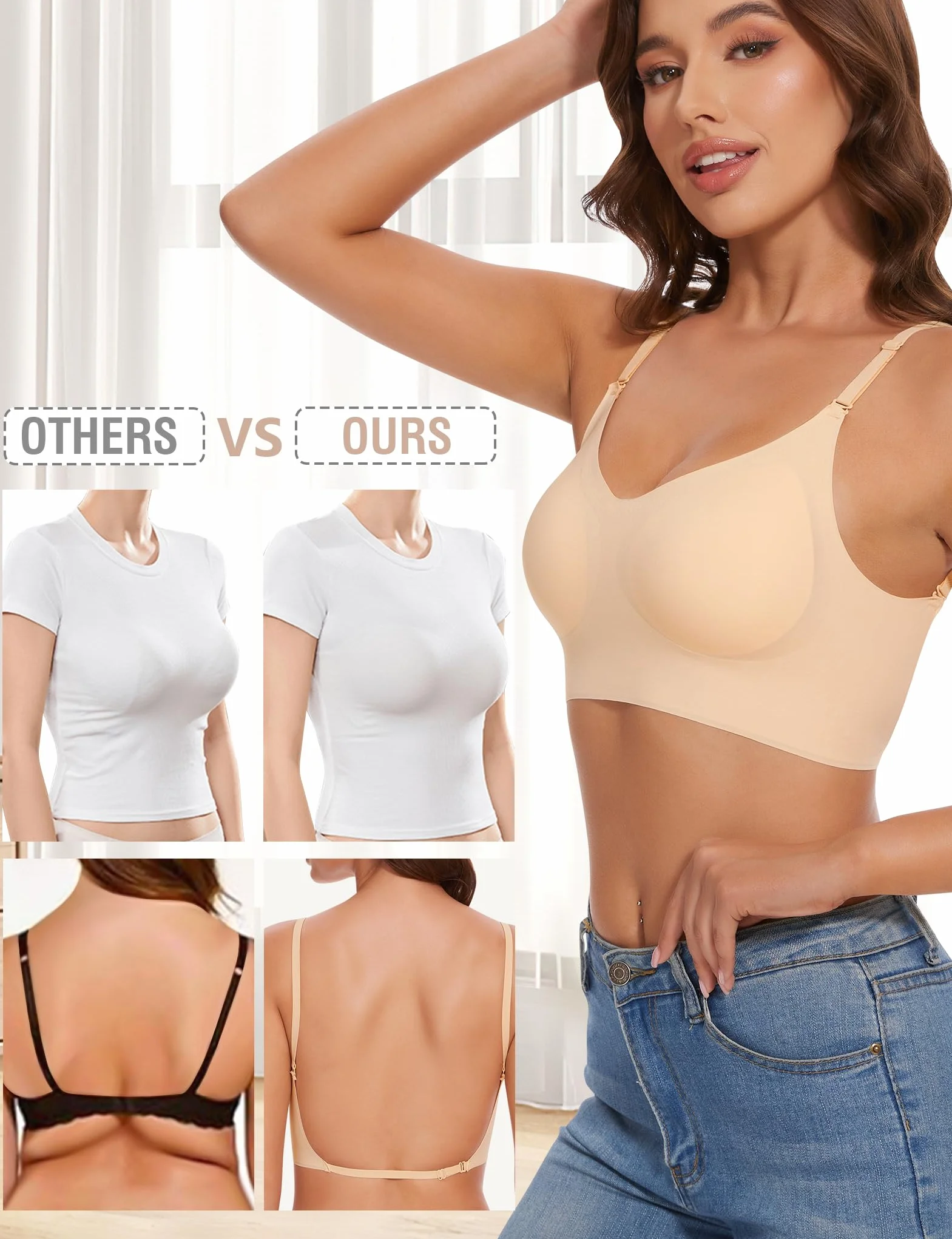 Reggiseno Schiena Scoperta Senza Ferretto Invisibile Seta Ghiacciato Bralette Donna Tracolla Regolabile Imbottitura Rimovibile