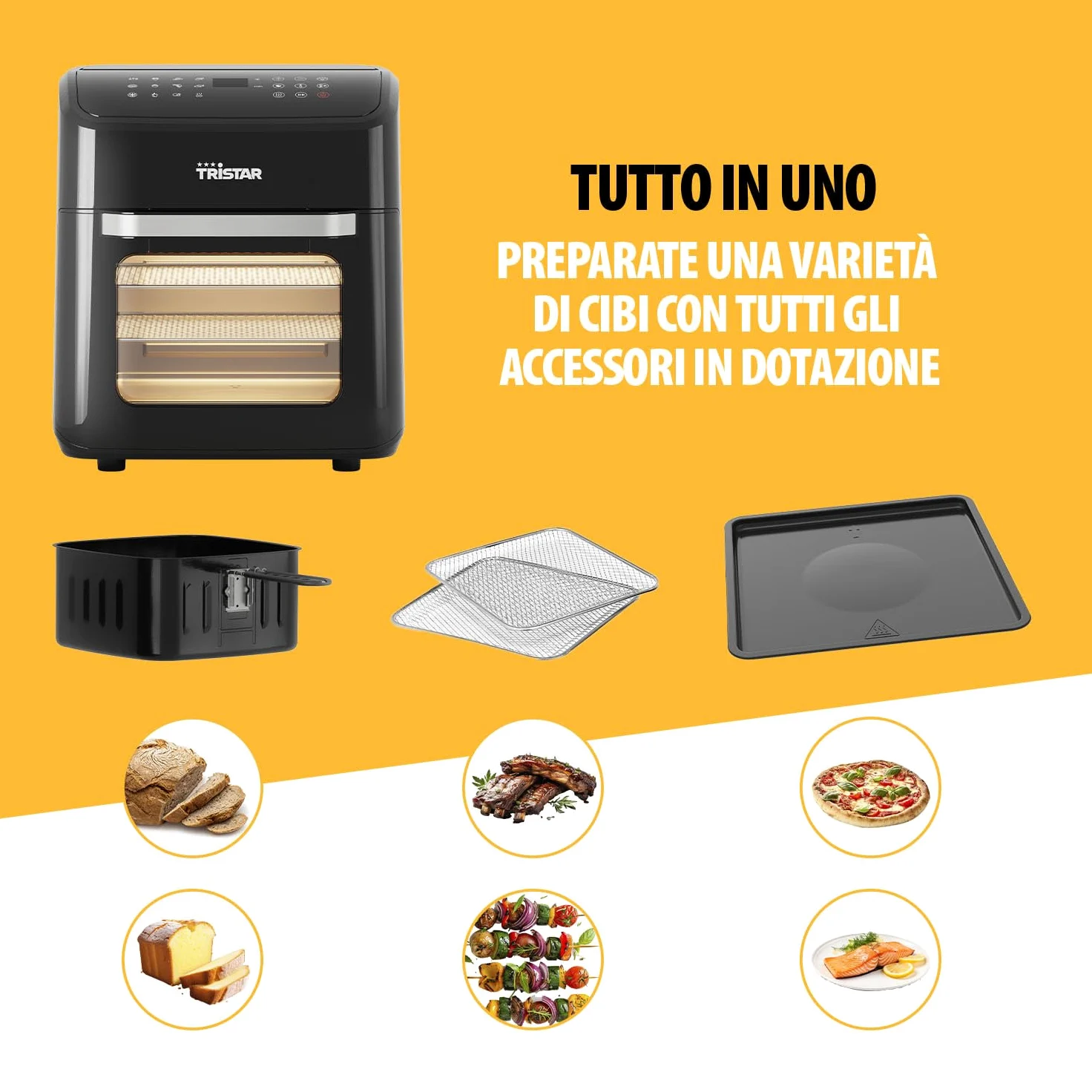Tristar Friggitrice ad Aria 12 L con Funzione Mini Forno, Airfryer 2 in 1 Ventilato, 12 Programmi, Display Digitale, Finestra, Funzione Shake, Senza BPA, 1800 W, FR-9065