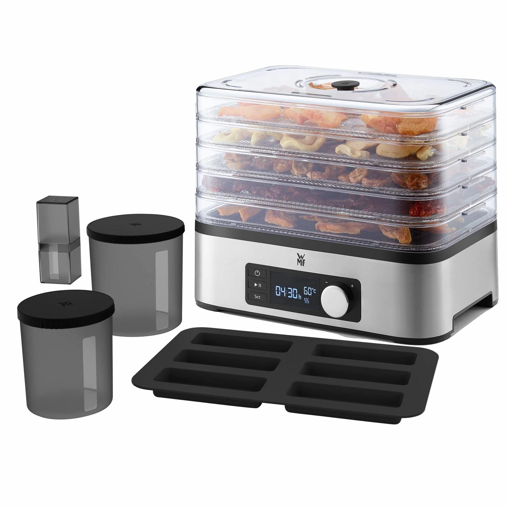 WMF KitchenMinis Essiccatore Compatto Snack to Go, in Acciaio Cromargan con 5 Griglie di Essicazione in Tritan, Sistema Silenzioso, Essicatore con Display LCD e Timer Programmabile, Dim. 28 x19x21 cm