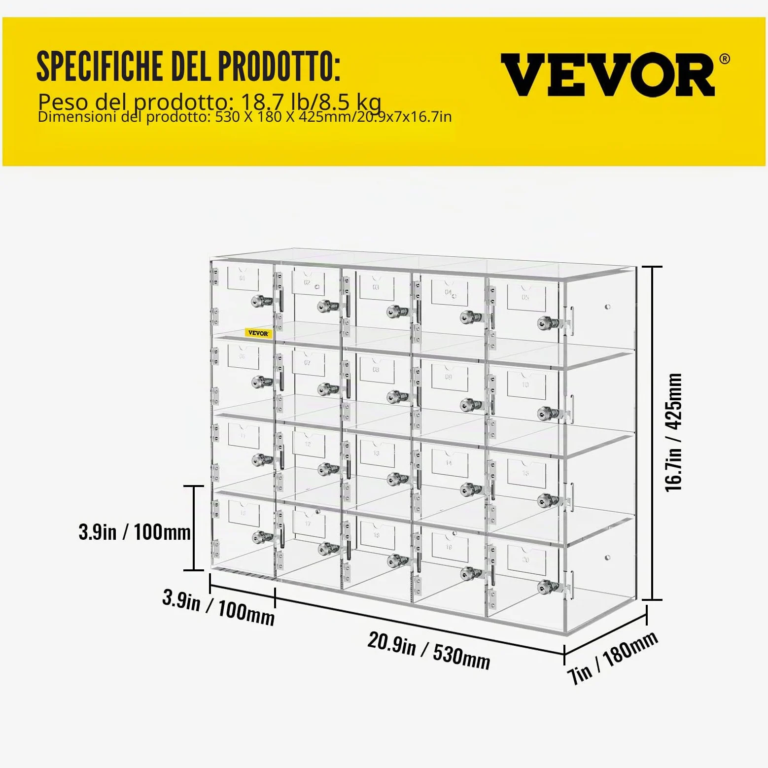 VEVOR Armadietto per Cellulare con 20 Scompartimenti Materiale Acrilico con Serrature e Chiavi, Armadietto da Parete per Ufficio Aula Palestra, Cassetta Deposito Oggetti, Acrilico Trasparente