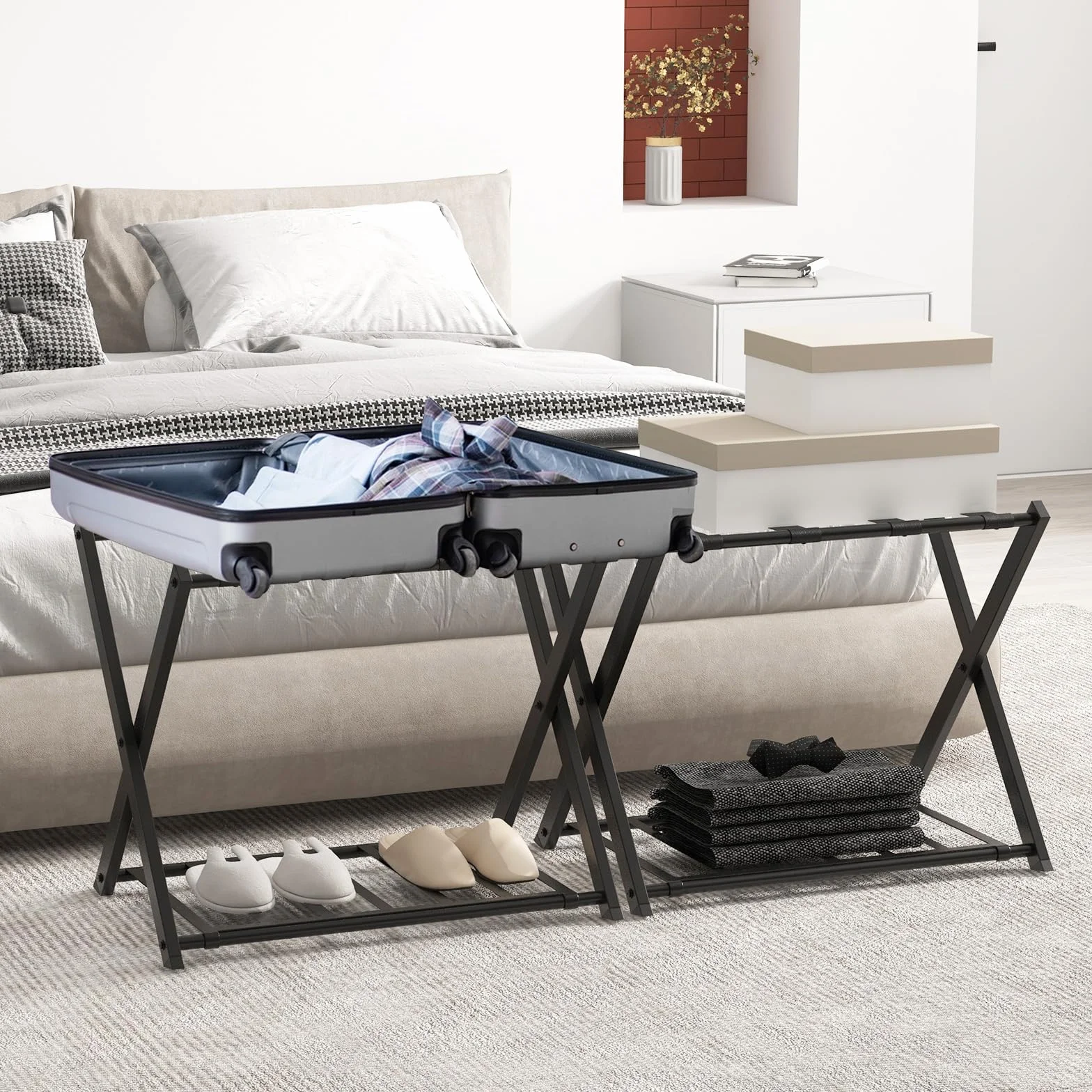 COSTWAY Portavaligie Pieghevole 2 Ripiani, Cavalletto da Valigie w Metal, 68 x 43 x 56 cm, Nero
