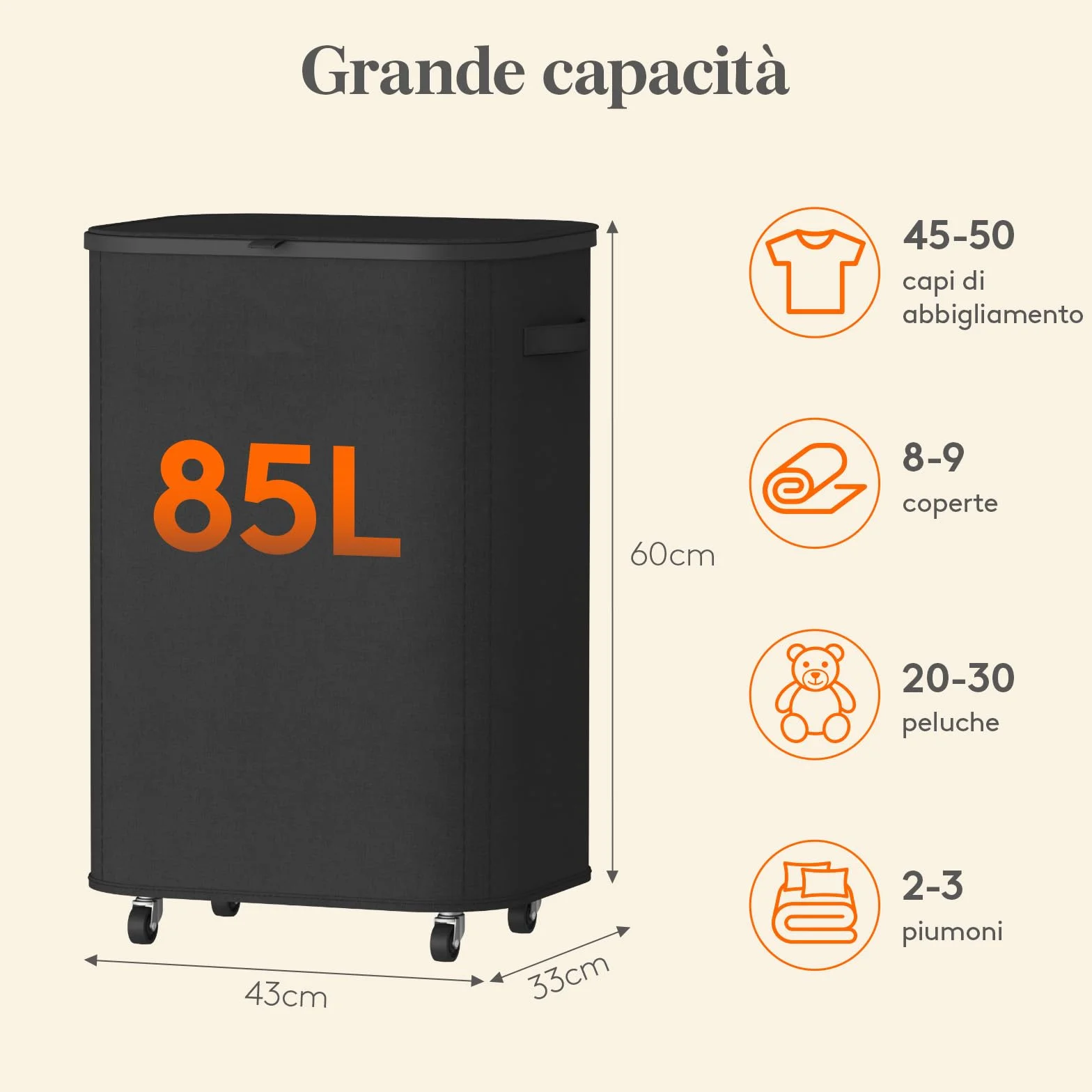 Lifewit Cesto Porta Biancheria Sporca con Coperchio e Ruote, Portabiancheria Pieghevole con Sacco Rimovibile, Laundry Basket per Camera da Letto, Bagno e Lavanderia, 85L, Nero