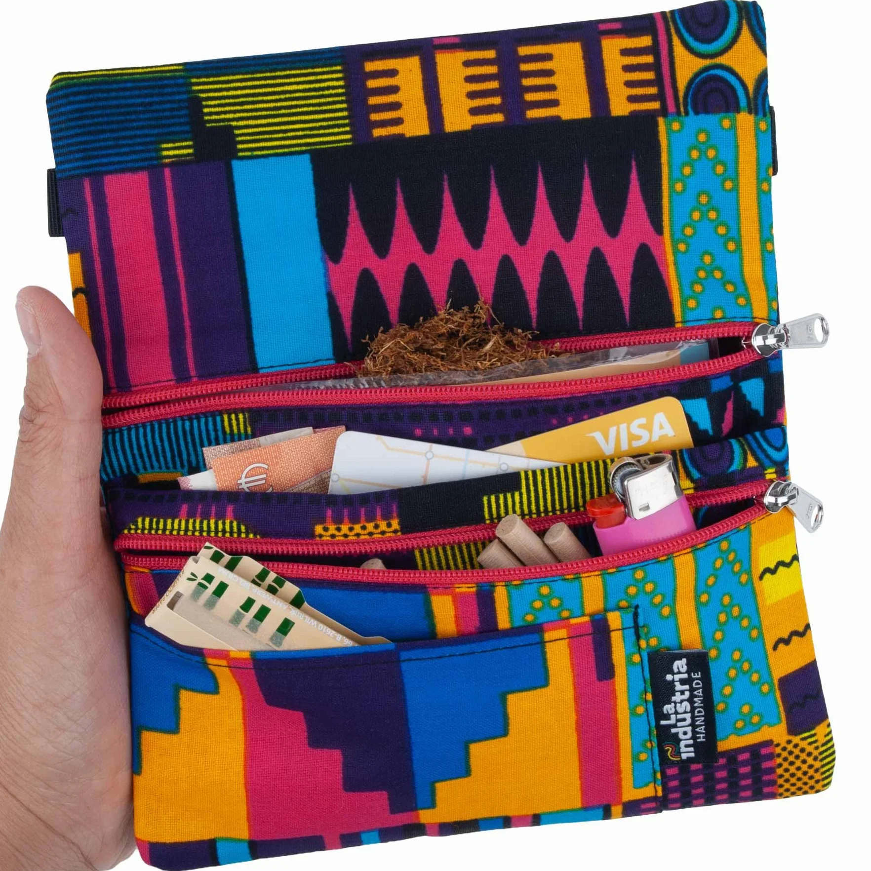 Porta Tabacco e Portafoglio Compatto con Doppia Cerniera – Astuccio Portatabacco Fantasia Africana Colorata con Scomparti per Cartine, Filtri, Accendino, Carte e Contanti