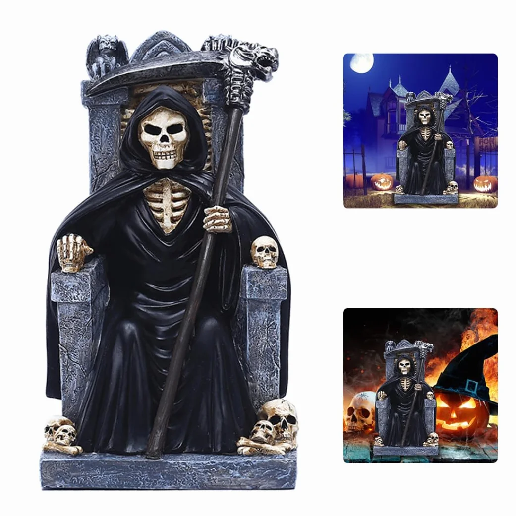 Jorzer Statua della morte di Halloween Morte Statua Tristo Mietitore Resina Scheletro Decorazione Desktop
