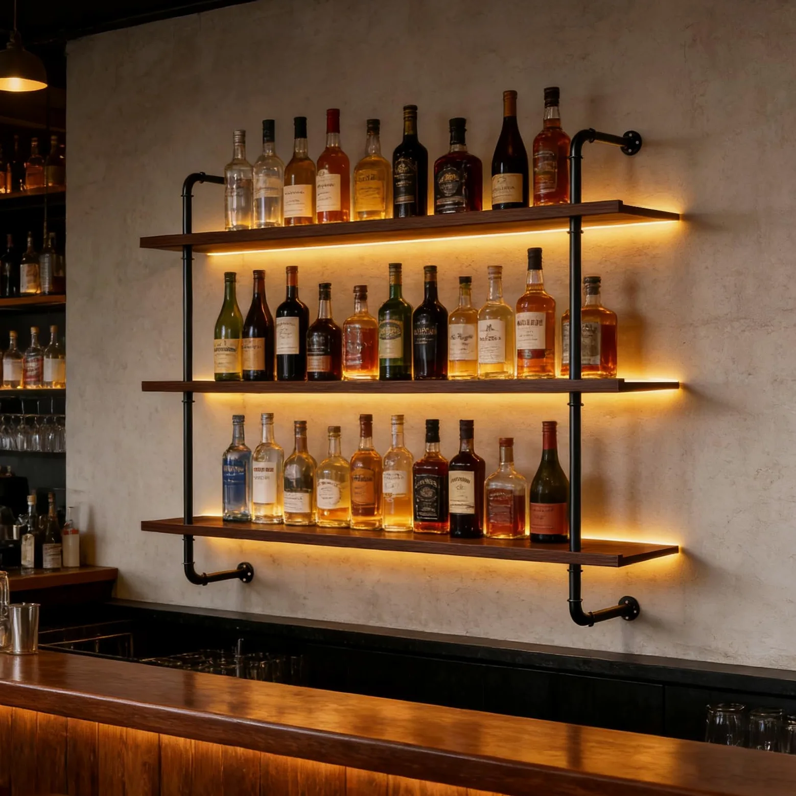 Portabottiglie da Parete in legno Massello, Grande Espositore per Bottiglie di Vino in Industriale Vetrinetta da Bar Con Luce LED,Scaffale Galleggiante Per Cucina, Bar, Caffetteria (80cm)