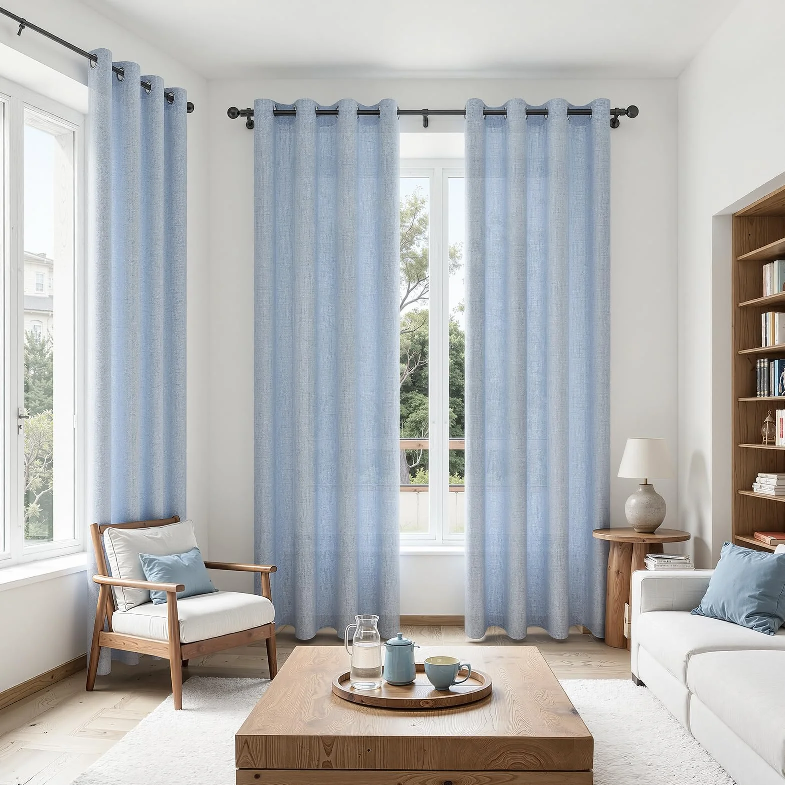 MRTREES Tenda in Voile Lino Semitrasparente Blu con Occhielli da Interno, Tende Moderne per Interni Soggiorno Moderne Camera da Letto Cameretta Bambini Salotto 2 Pezzi, 140x225 cm