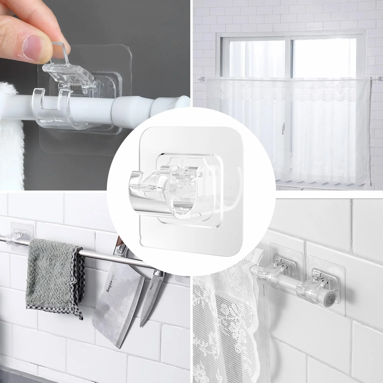 14 Pezzi Ganci per Tende Senza Bucare, Gancio Supporti Asta Tenda, Porta Staffe Adesivi Trasparente per Casa Bagno Cucina Hotel