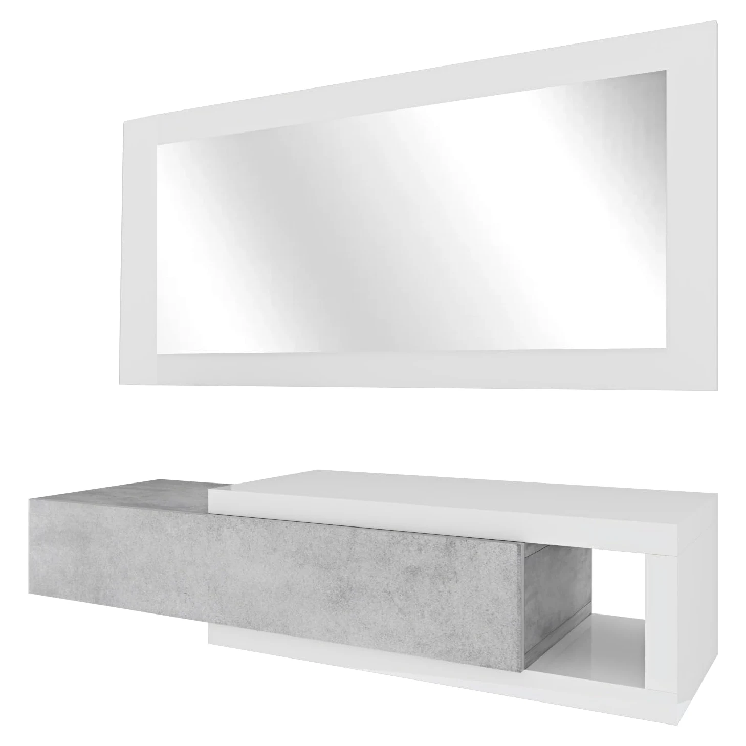 Bricozone Mobile da Ingresso con Cassetto Specchio e Mensola Sospeso per Casa Ufficio Bianco e Grigio Cemento 95 x 26 x 19 cm