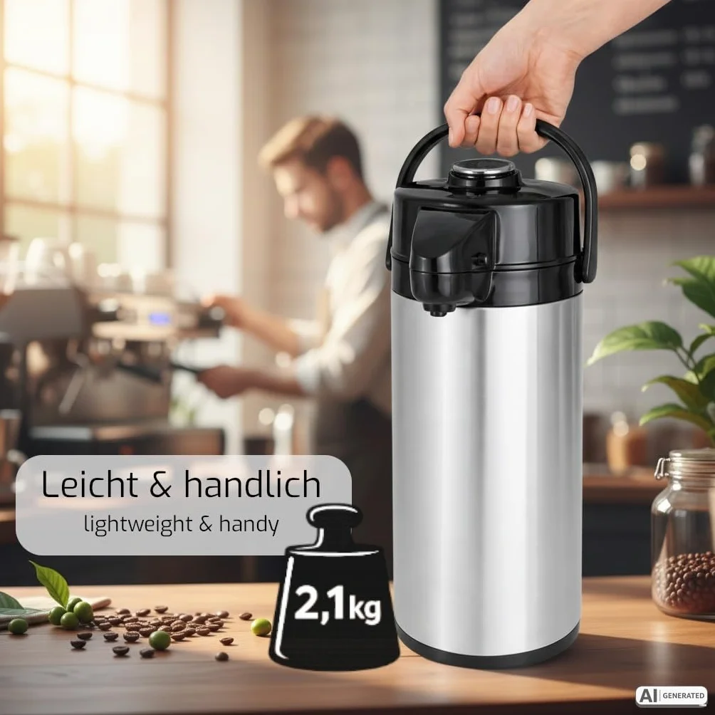 Caraffa termica a pompa 2,2 l in acciaio inox con interno in vetro per bevande calde e fredde
