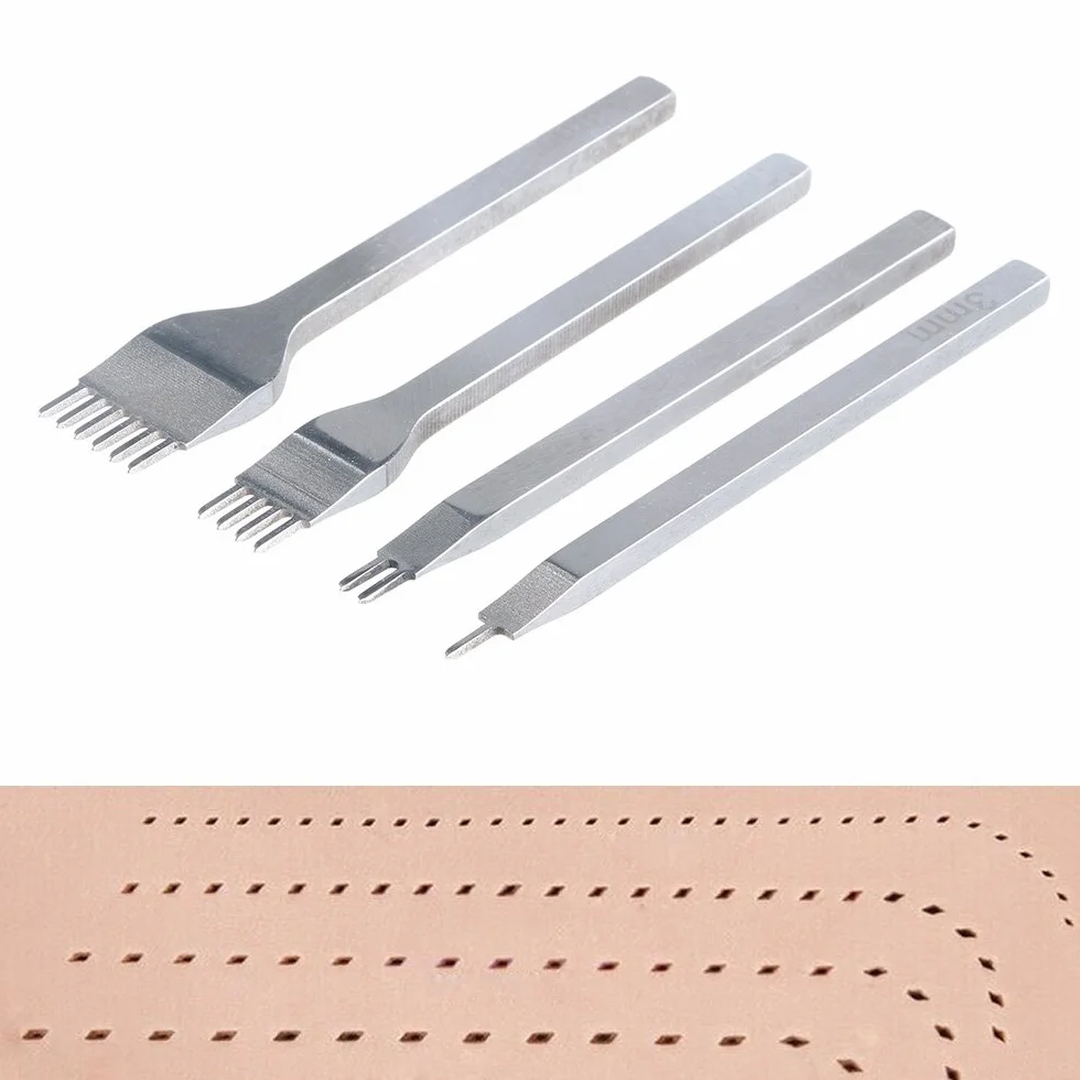 Leathercraft Tools - 4pcs Punzoni 3-6mm 1 + 2 + 4 + 6 Denti Cuciture Scalpello Tool , Strumento Pelle Punzoni Coltello per Pelletteria Foro Punzonatrice per Fai Da Te, Fare Punti di Cucitura Perforatore, Stitching Hole Punch