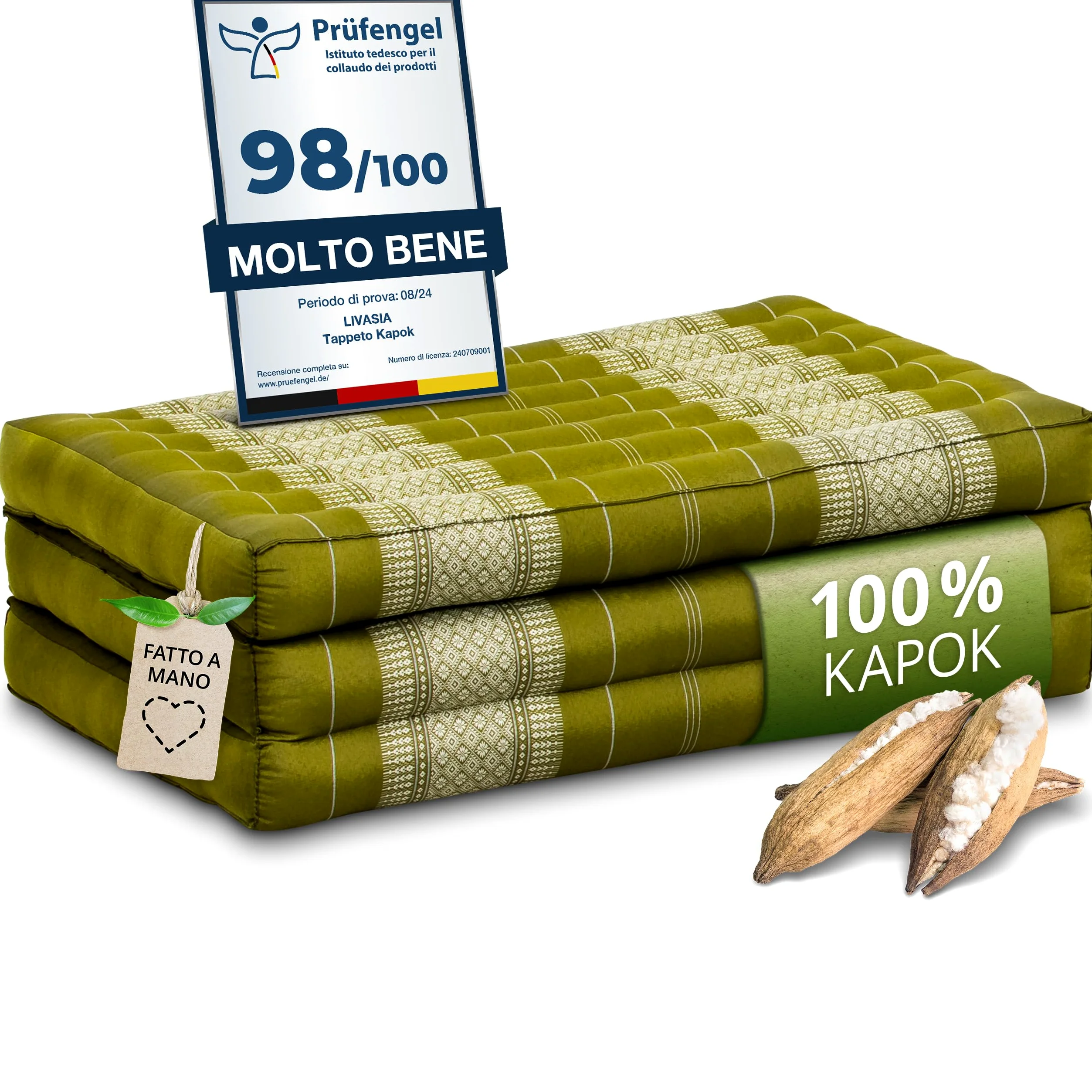 livasia materasso sostenibile in kapok - 140x70x8cm - materasso pieghevole, materassino da campeggio, tappetino yoga ecologico, lettino per giardino e balcone (Verde)