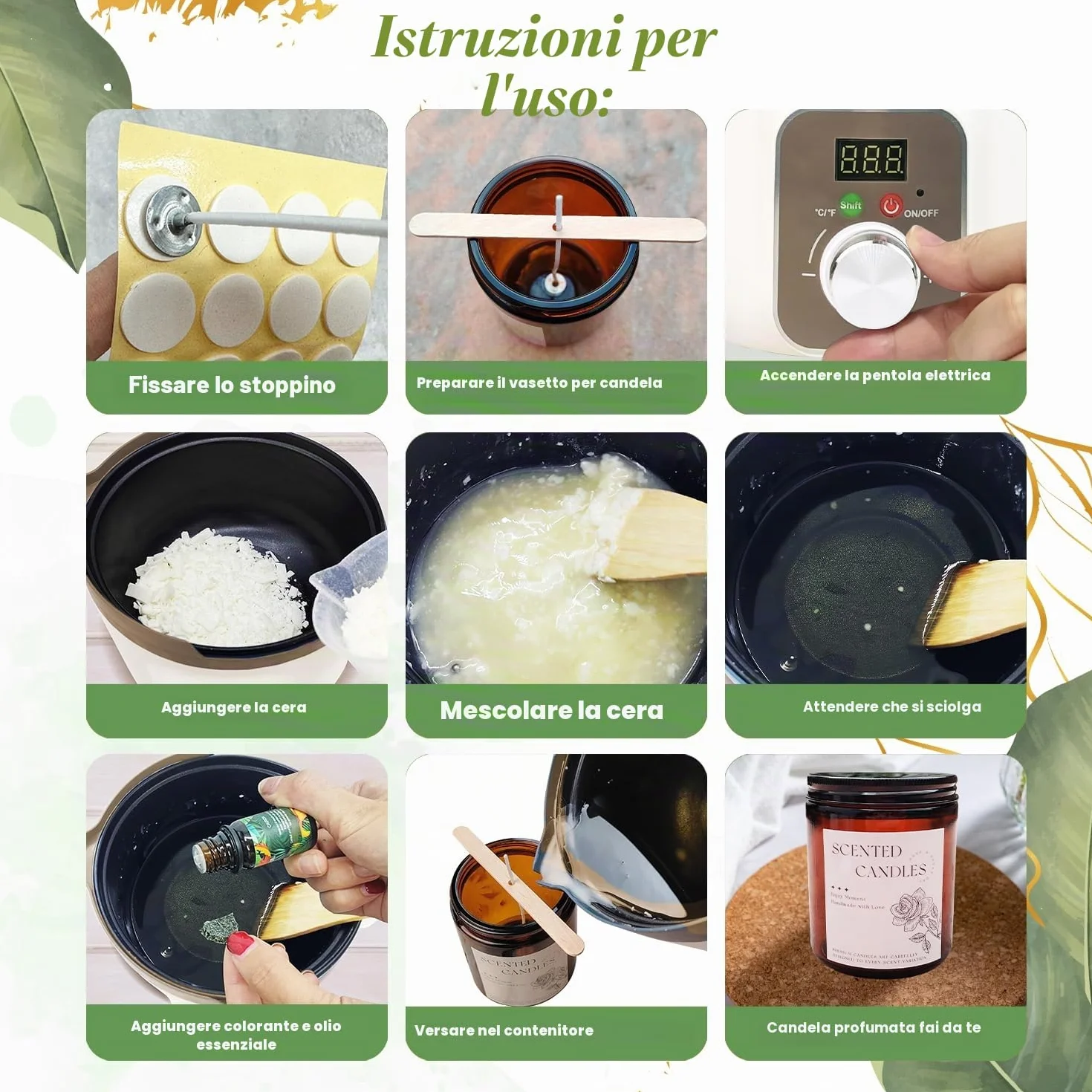 LINGQIAN Kit fabbricazione candele con fusore digitale di cera, cera di soia, 8 barattoli, 8 oli profumati
