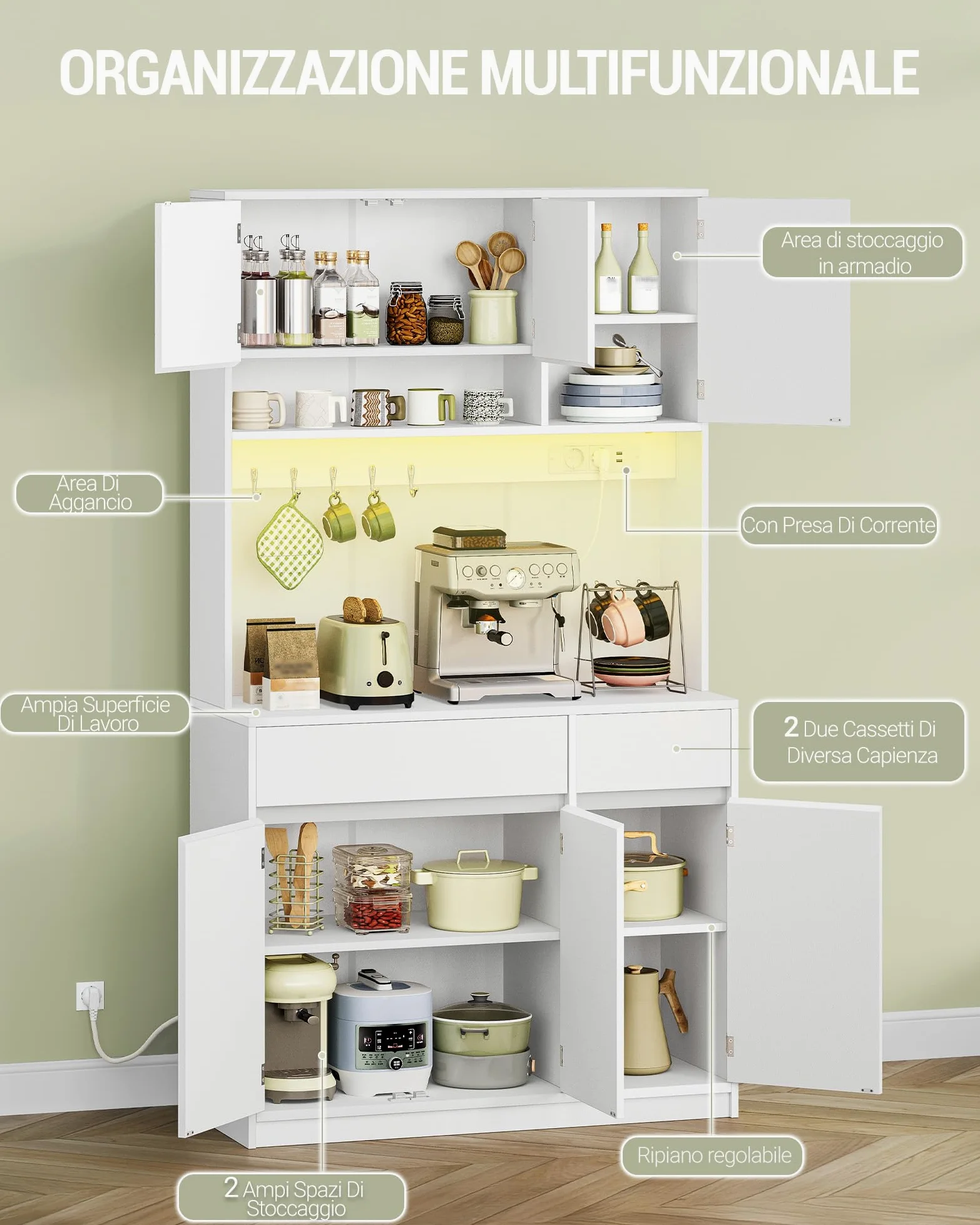 Hzuaneri Credenza Cucina Alta, Credenza Soggiorno, con Multipresa e Striscia Luminosa a LED, Ampia Superficie di Lavoro, Ripiani Regolabili, Cucina, Soggiorno, 40 x 100 x 180 cm, Bianco PT00203XEU