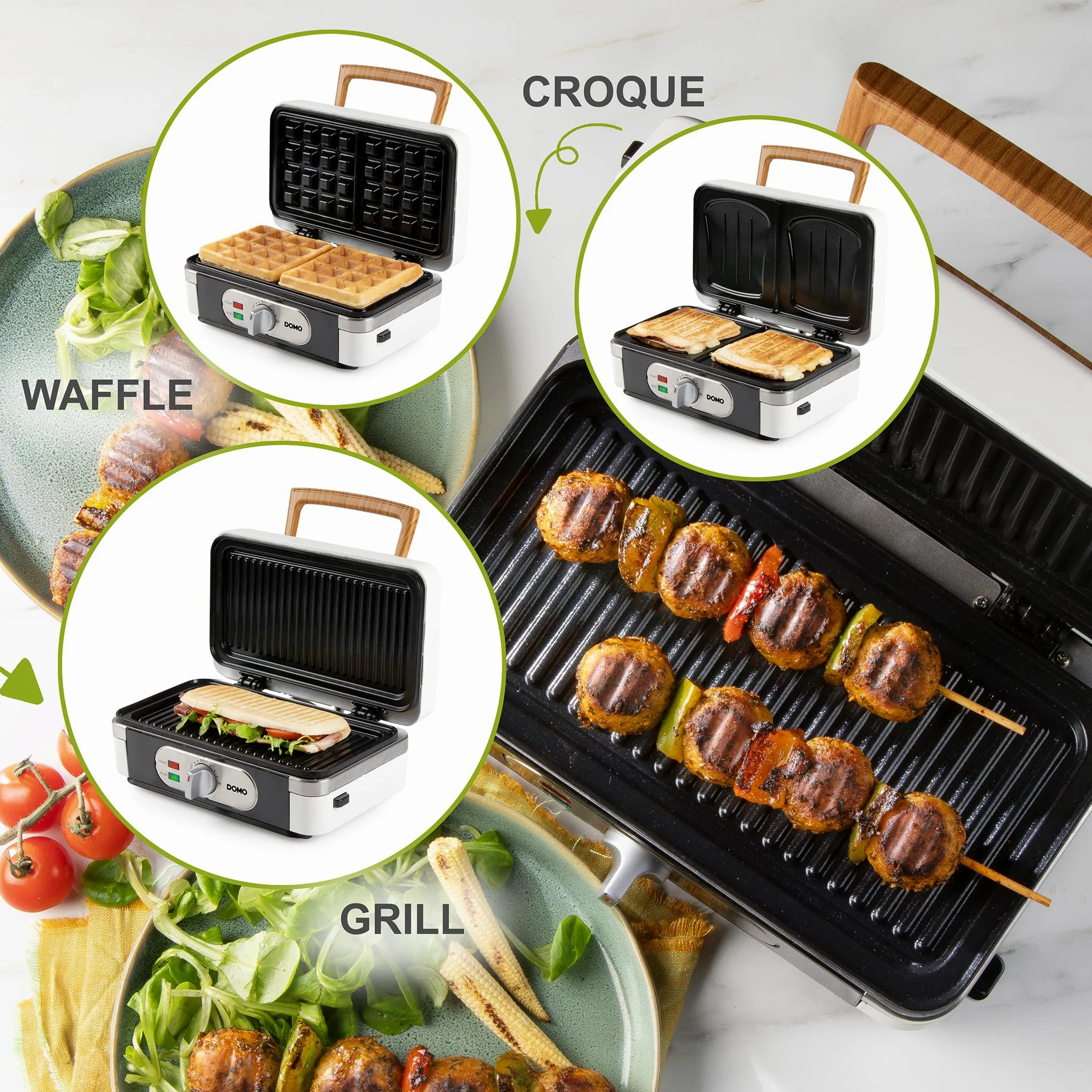 DOMO DO9277C Snack macher 3 in 1 – Sandwichmaker – Piastra per waffle – Griglia a contatto – 1100 W – Bianco