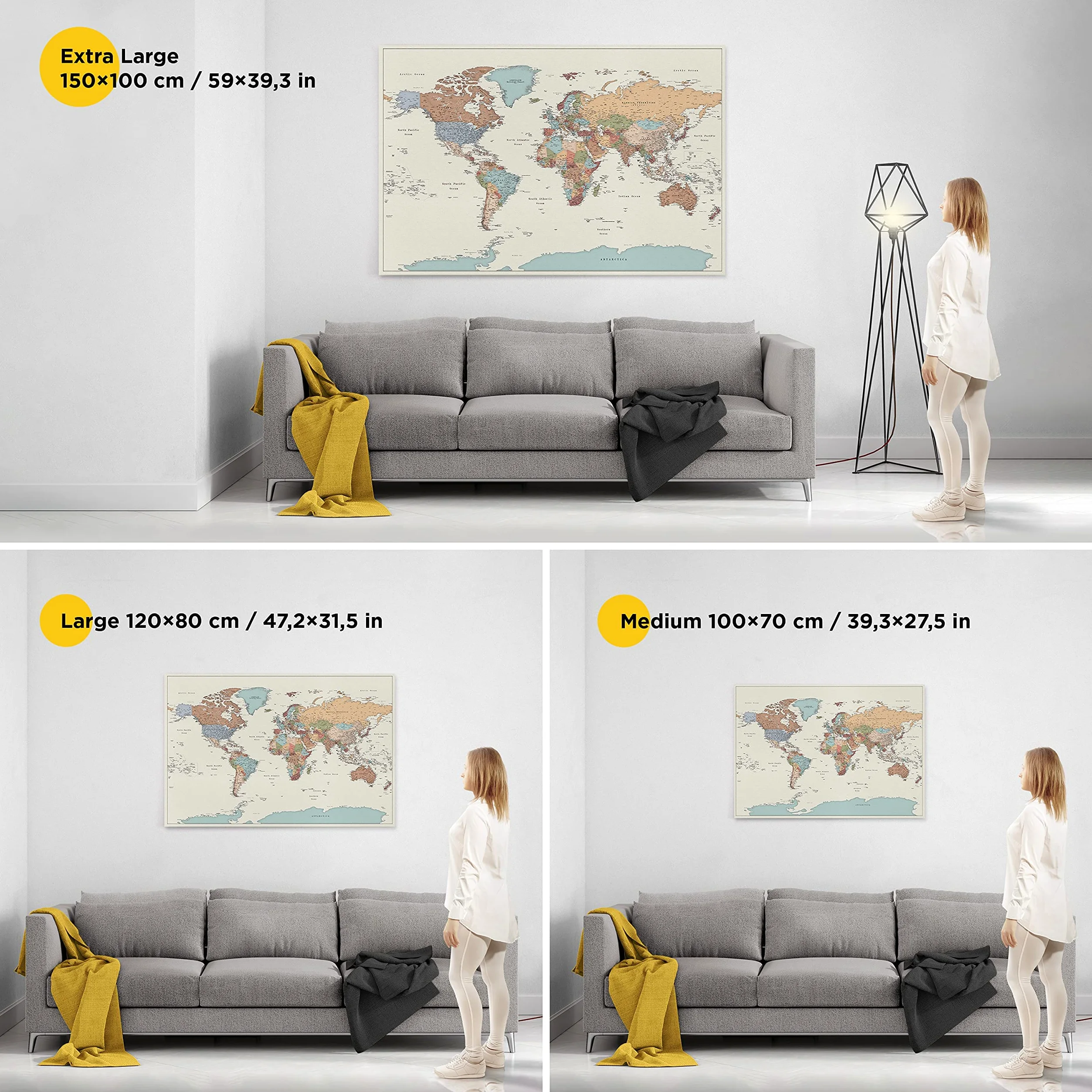 Trip Map Planisfero da Parete - Dettagliato Cartina Geografica Del Mondo con Puntine - Stampa su Tela - Diario di Viaggio - 3 Dimensioni: Media/Grande/Gigante