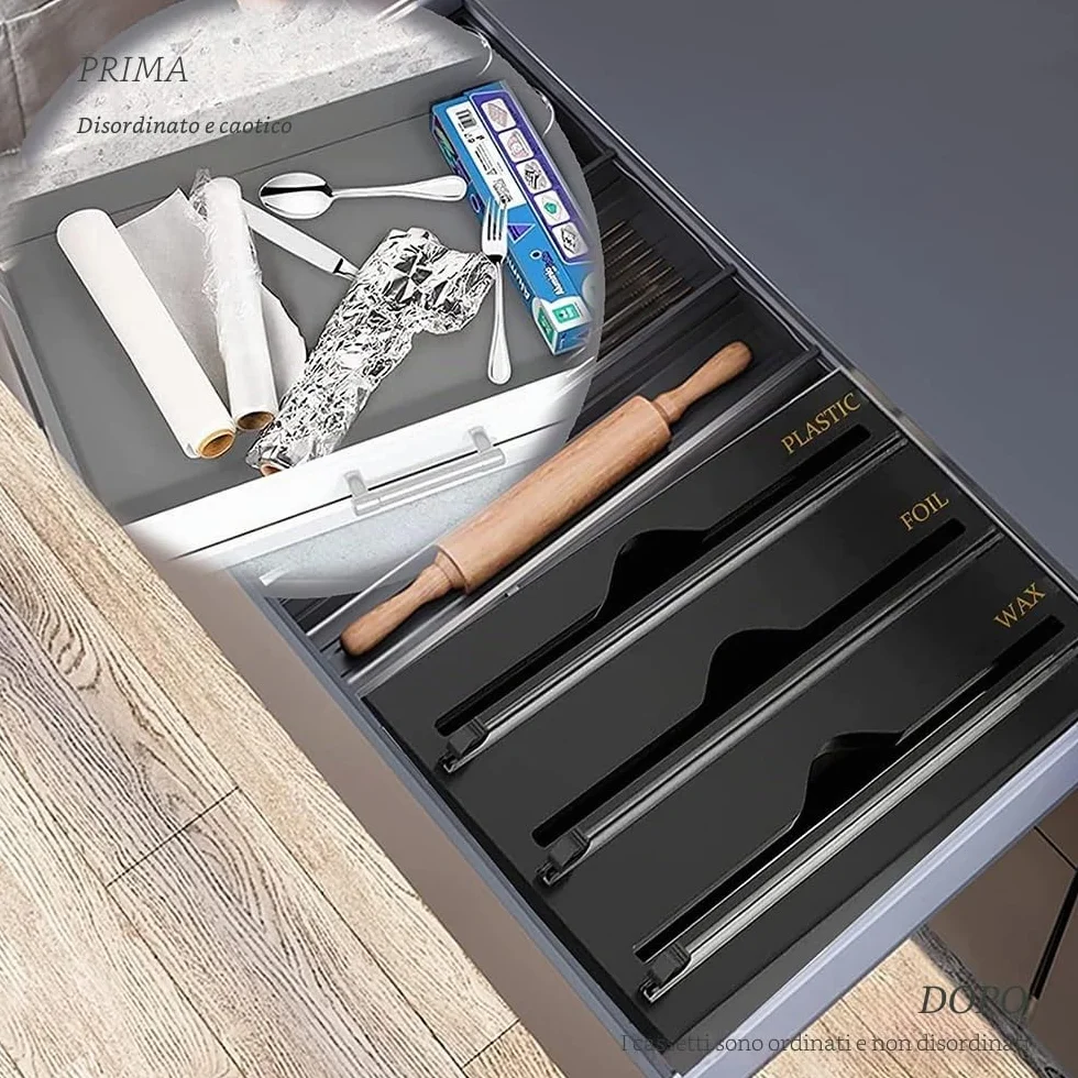Dispenser di Pellicole in Acrilico Dispenser per Pellicola e Alluminio 34,5 x 21,6 x 7cm Dispenser Di Fogli Di Alluminio per Organizer da Cucina, Nero