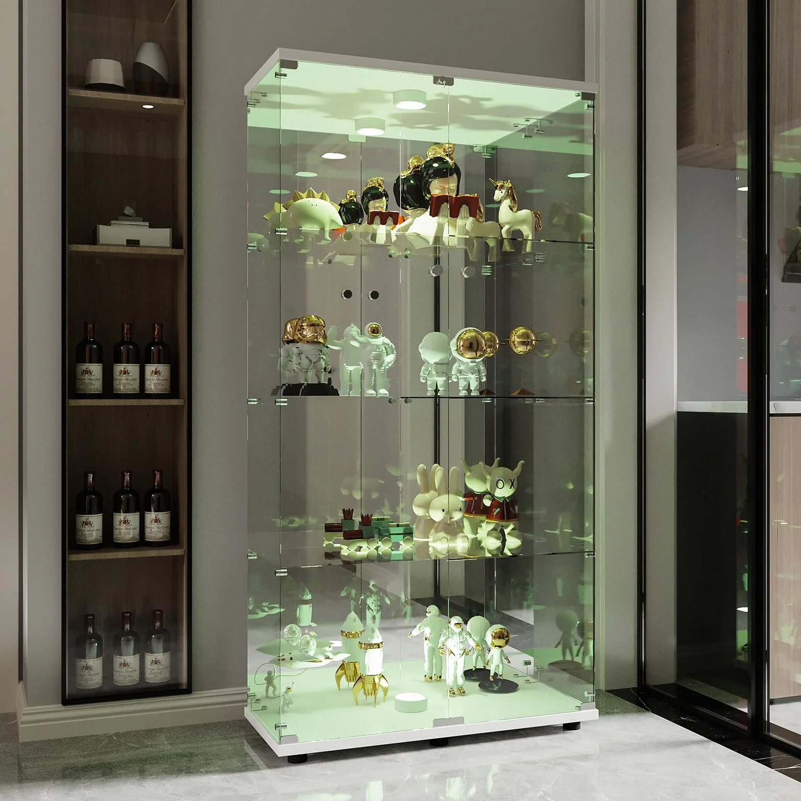 Vetrina in vetro con LED, armadio vetrina da collezione, 2 ante a serratura, 4 ripiani e fondo specchio, 164 x 80,5 x 36,5 cm, bianco