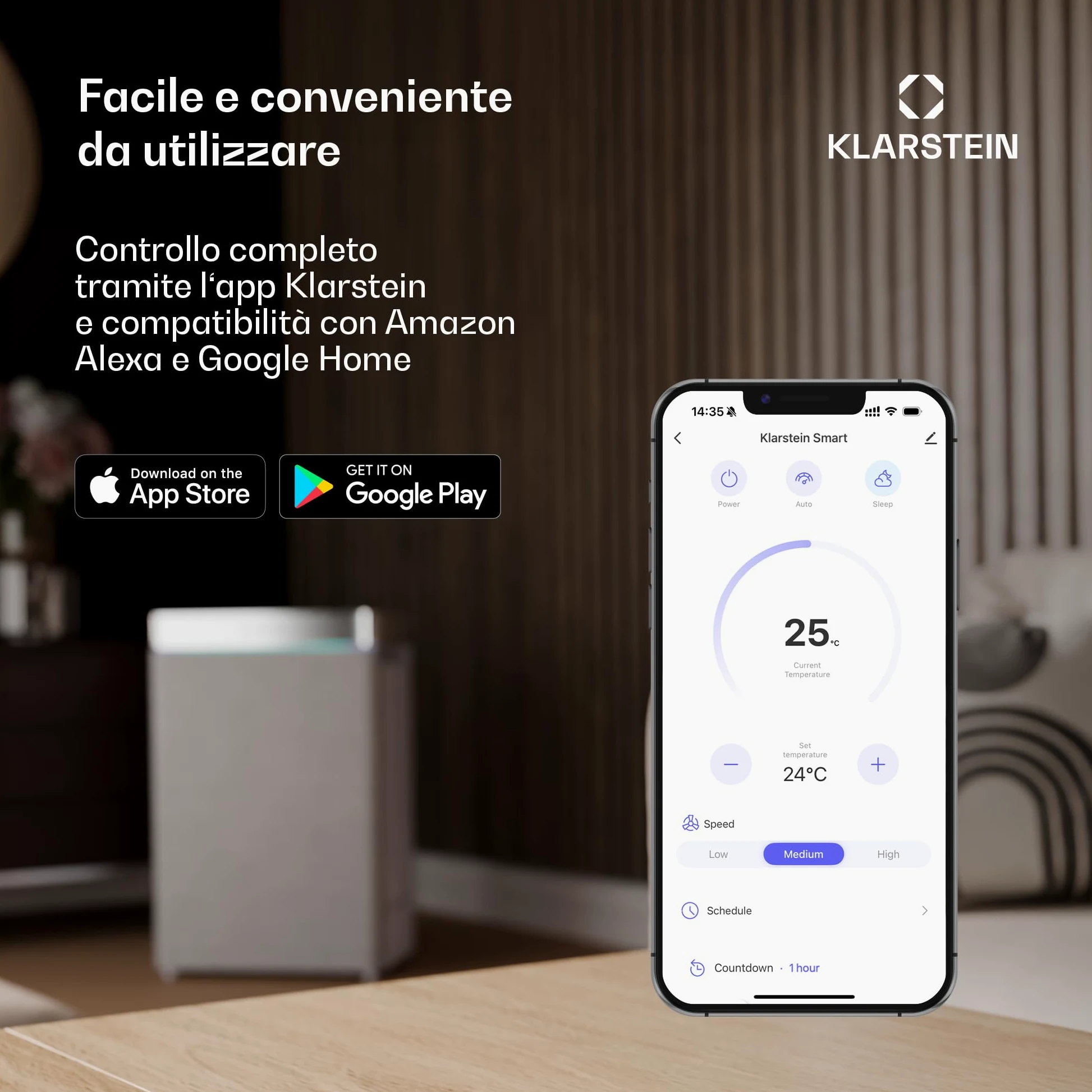 Climatizzatore 4in1: raffrescatore evaporativo, ventilatore, umidificatore/ionizzatore, 6L, oscillazione, 30W, 210m³/h, timer, no tubo di scarico, portatile, Klarstein, Nero, Skyscraper Ice Smart