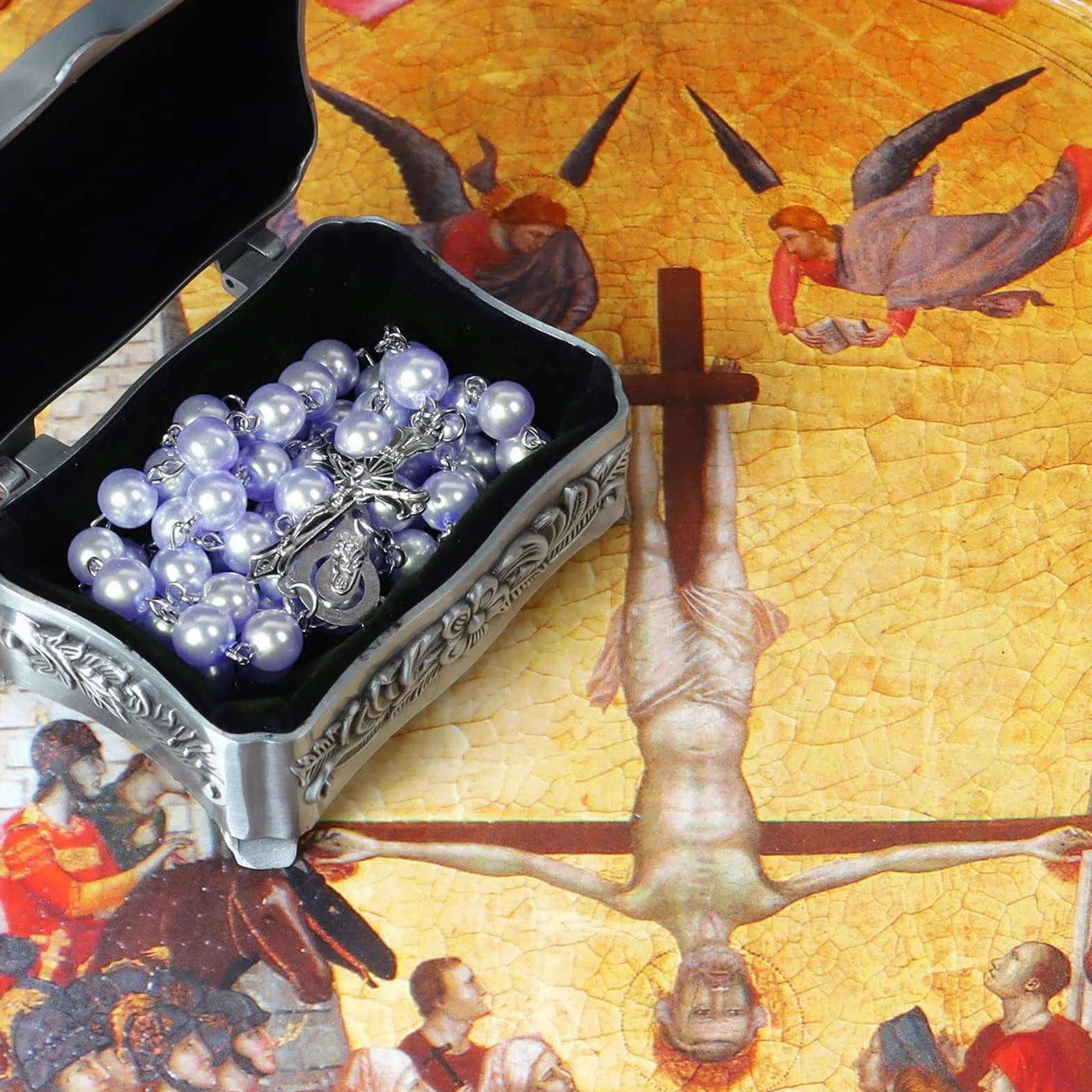 Rosario cattolico, rosario per comunione con croce retrò, sacchetto regalo in velluto, elegante croce. battesimo, comunione, matrimonio, comunione, festa (lilla)