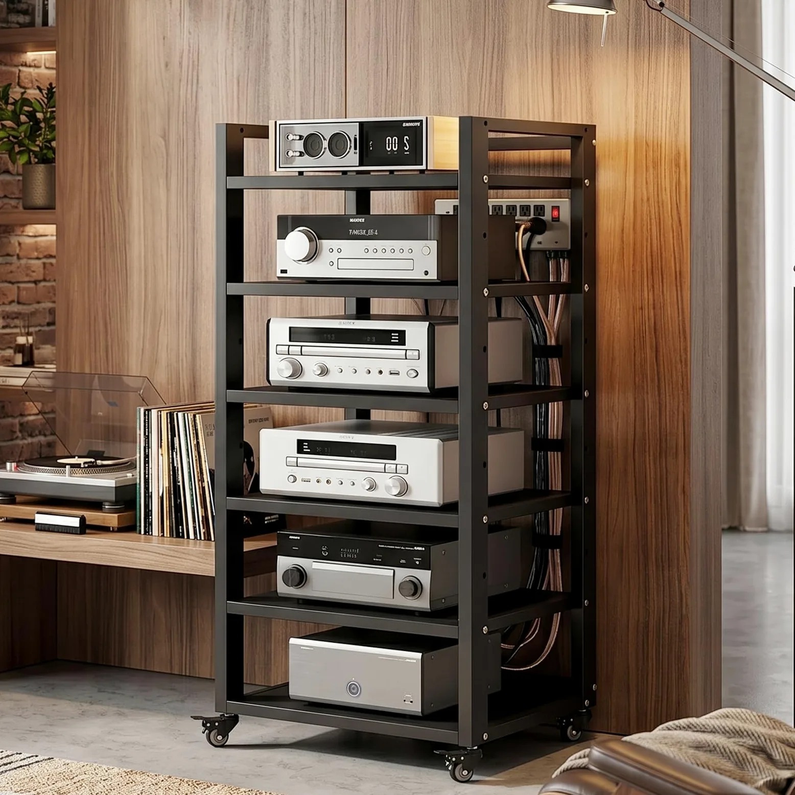 Mobile HiFi a 4 Ripiani per Giradischi e Componenti Audio - Supporto Multimediale Verticale con Struttura Robusta, Rack Stereo perfetto per Vinili, Console Gaming e Decoder, Design (A-6H, 50*40*120cm)