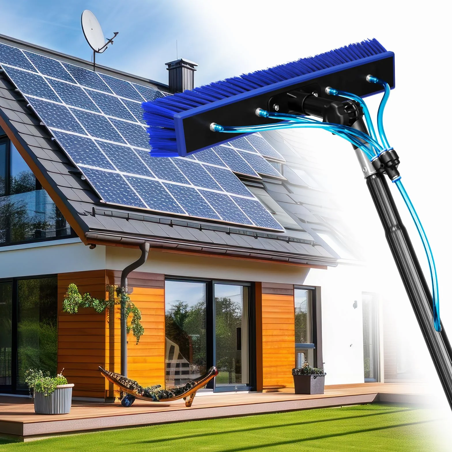 Kit pulizia pannelli fotovoltaici, 12 Metri pulitore regolabile in lunghezza per la Pulizia delle finestre, spazzola telescopica set per pannelli solari e finestre (12M)