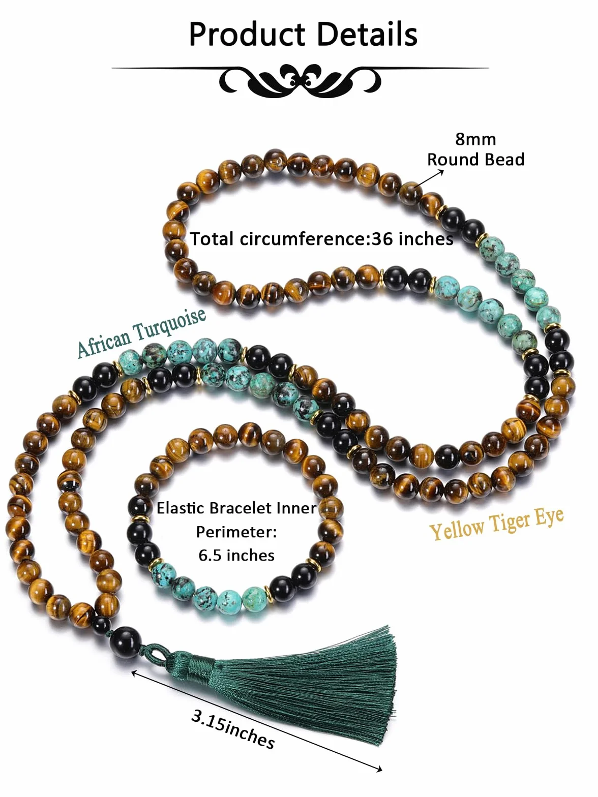Jovivi Mala 108 Grani Collana Rosaria Tibetana in Pietre Naturali con Nappa Bracciale con Perline Cristalli Elastico per Donna Uomo Parure Preghiera 108 Perline Buddista Turchese Occhio di Tigre