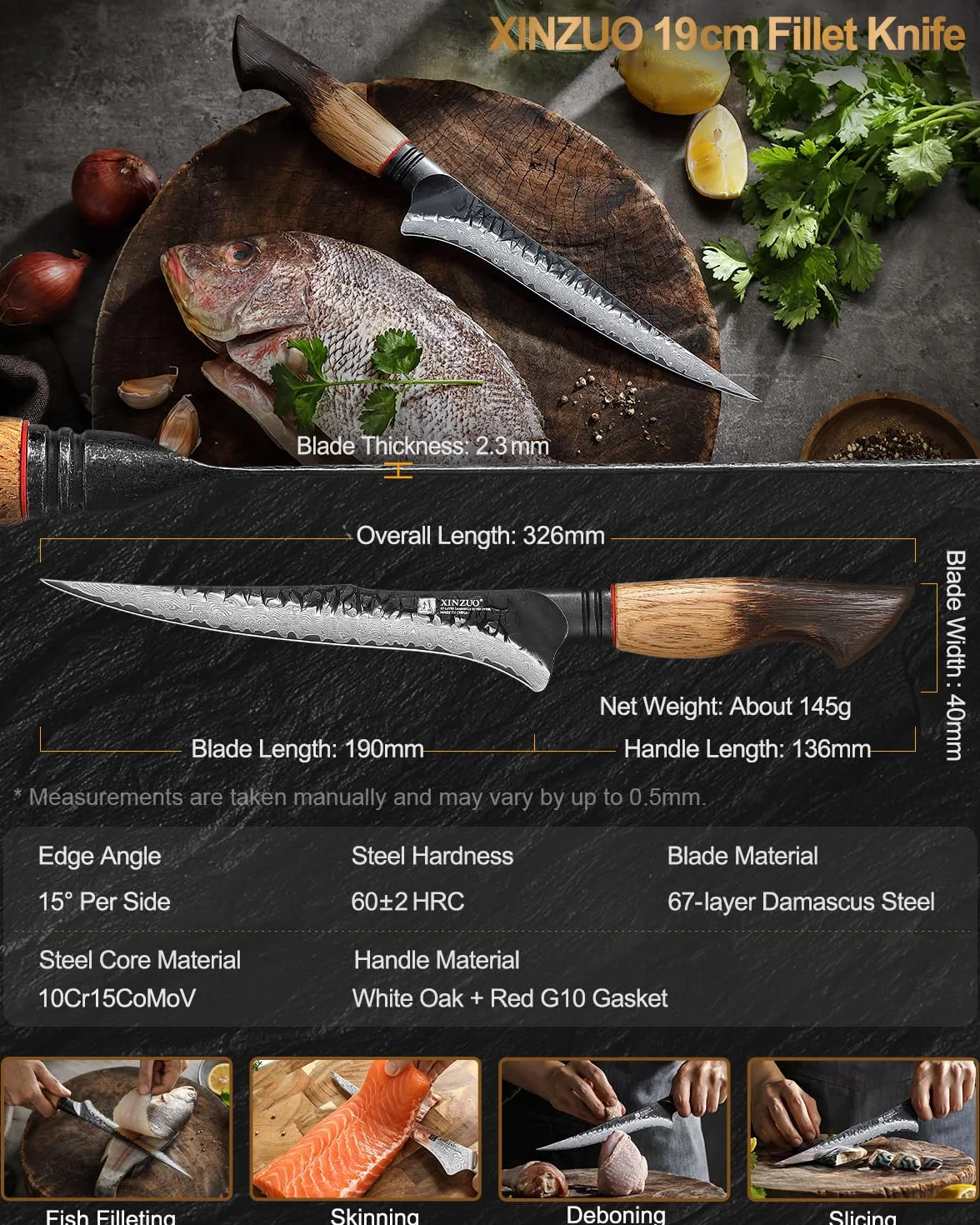 XINZUO 19cm Coltello per Sfilettare da Cucina Acciaio Damasco a 67 Strati -Professionale Coltello da Filetto Cucina Bordo Disossare Pesce e Carne -Manico Ergonomico in Rovere Bianco