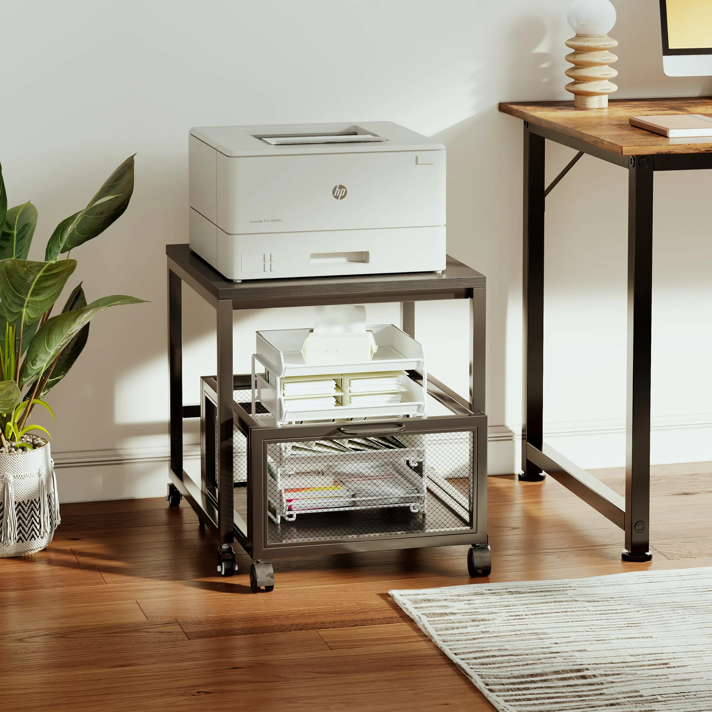 Tavolo per stampante con stoccaggio Drawer, supporto per stampante con ruote universali, supporto per stampante portatile in legno e metallo, 50 x 50 x 43 cm, portata fino a 70 kg, per ufficio, casa