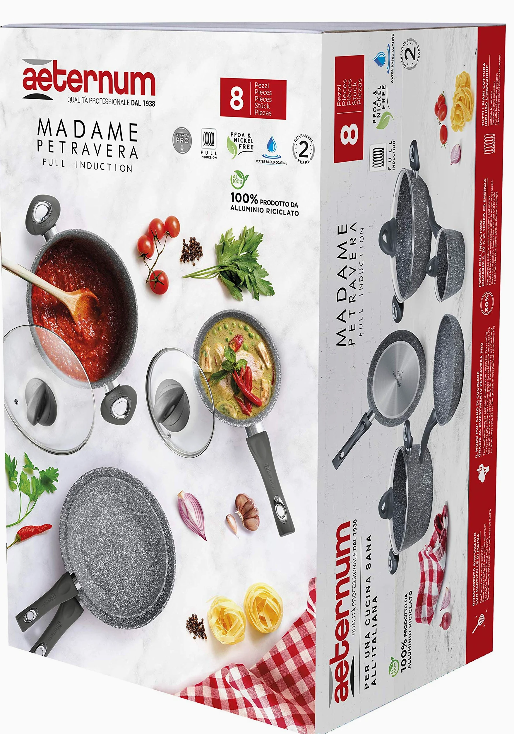 Aeternum, Madame Petravera 3.0, Batteria 8 pezzi, 2 padelle 20-24 cm, 2 casseruole 16-20 cm, 1 tegame 28 cm, 3 coperchi 16-20-28 cm, Ideale per Induzione, Full Induction, Grigio