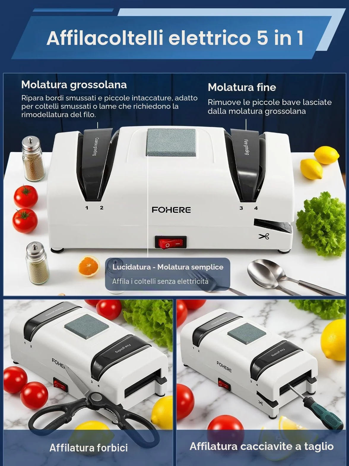 FOHERE Affilacoltelli Elettrico Professionale 5 in 1, 2 Raccoglitrucioli Magnetici, Abrasivi Diamantati per Coltelli da Cucina e Forbici