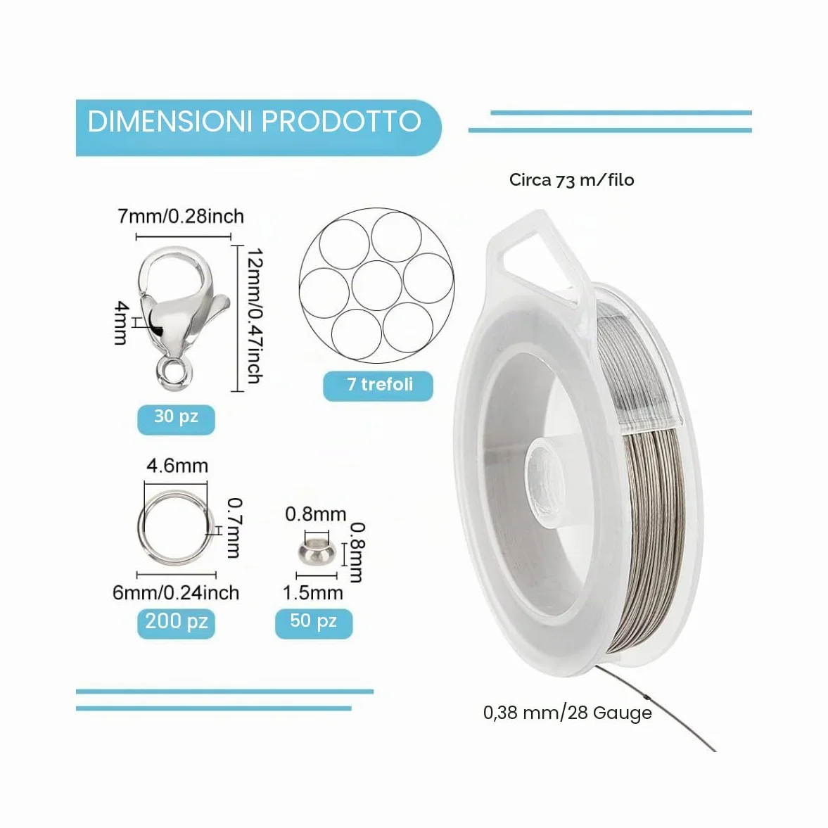 BENECREAT Filo Perline Acciaio Inossidabile 0.38mm 7 Fili 200 Anelli Congiunzione 50 Perline Cricchetto 30 Fermagli Moschettone Creazione Gioielli