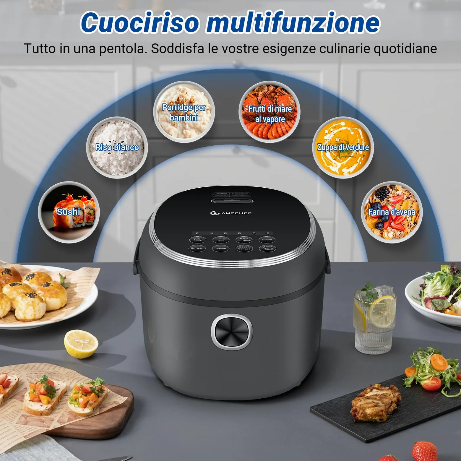 AMZCHEF Mini Cuociriso 2L, Multifunzionale per 1-4 Persone, 4 Tazze (Non Cotte) 400W Rice Cooker, 7 Funzioni di Cottura, con Cestello Vapore Incluso, Preimpostata e Mantenimento in Caldo