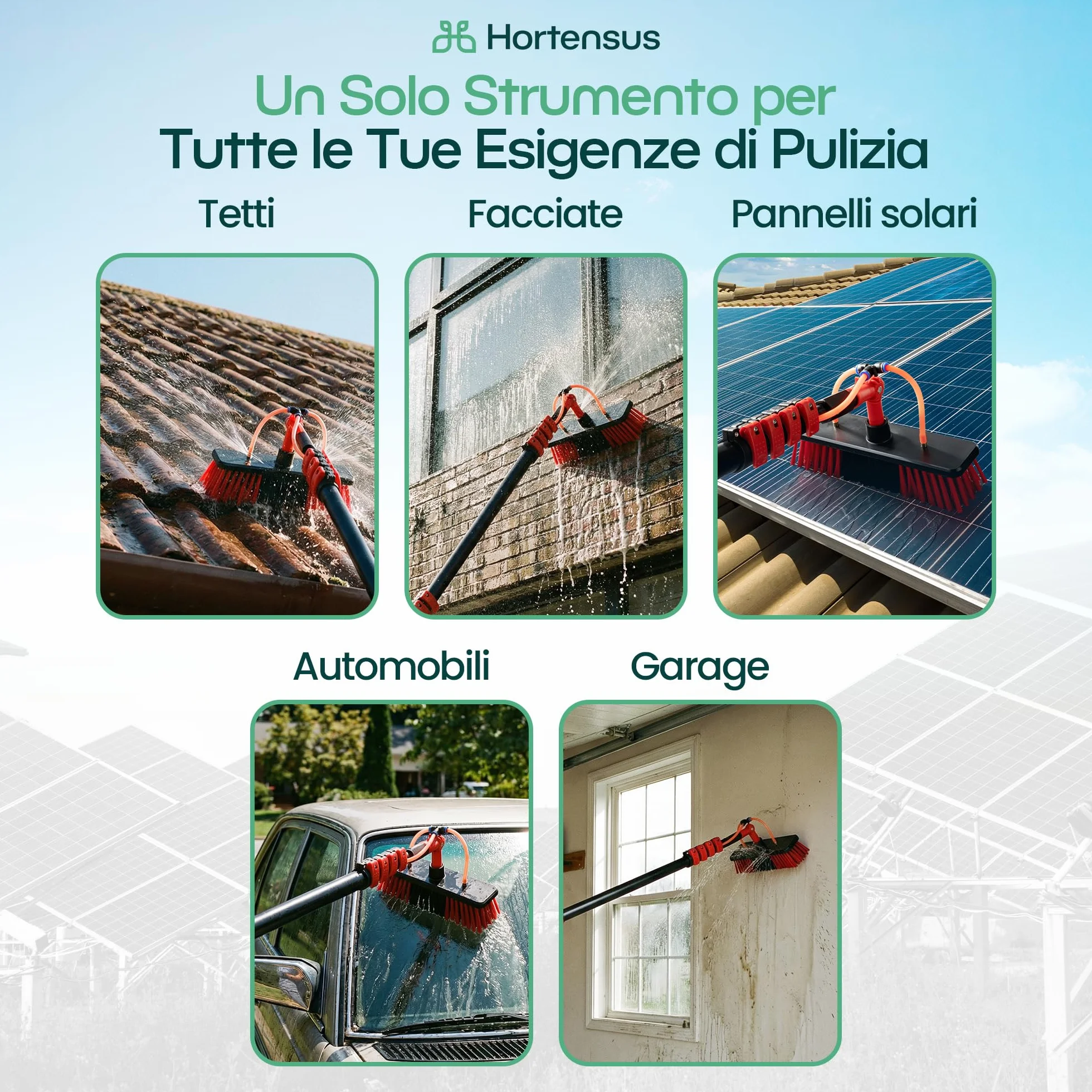 Spazzola Lavaggio con Asta Telescopico – Spazzola Telescopica con Collegamento all’Acqua per Pannelli Fotovoltaici e Solari, Auto, Camper, Grondaie, Tetti e Facciate Pulizia (4,6 m)