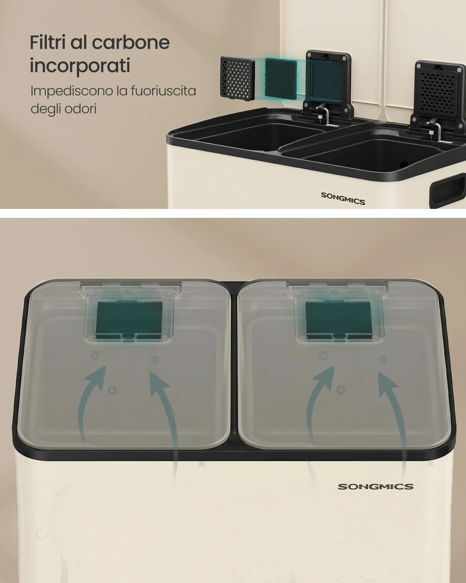 SONGMICS Cestino da Cucina, 2 x 30 L, 2 Scomparti, Pattumiera a Pedale con Coperchio a Chiusura Morbida e Secchio Interno, Acciaio, 15 Sacchi Inclusi, Color Crema LTB741AZ02