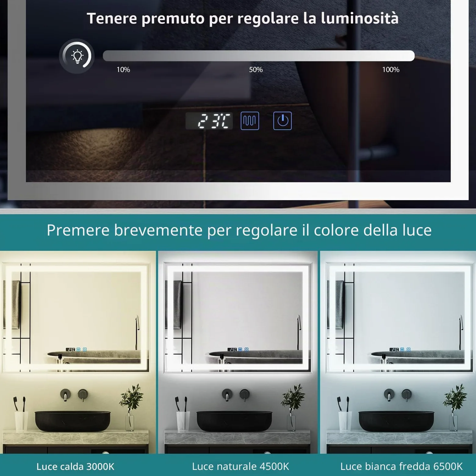 YU YUSING Specchio Bagno con Luce 80x60cm, 3 Colori, Orizzontale Argento