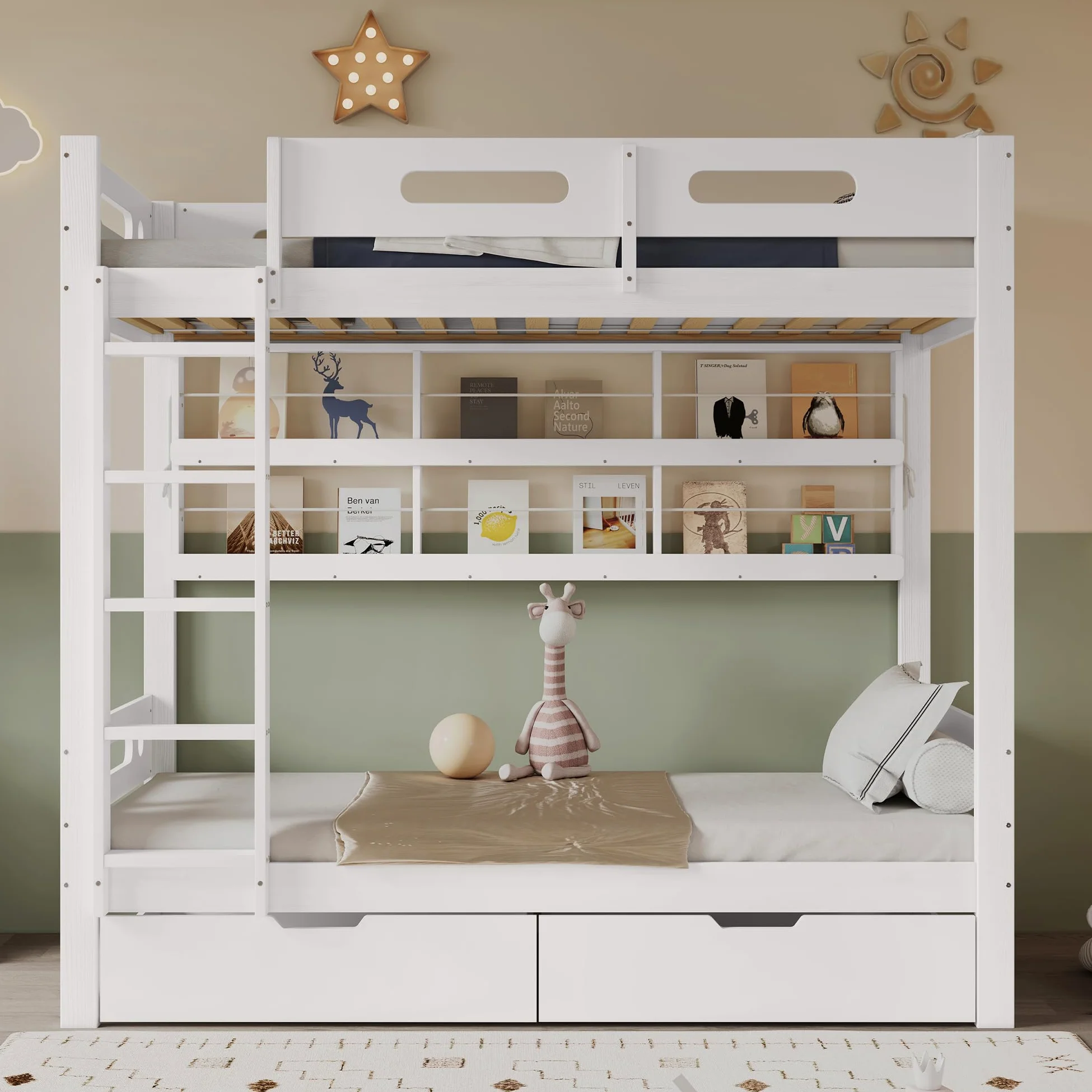 Letto a castello, 90 x 200 cm, lettino con rete anticaduta, due cassetti su ruote, scaffale aperto, scala a cinque livelli, ampio spazio di archiviazione, pino+MDF, bianco