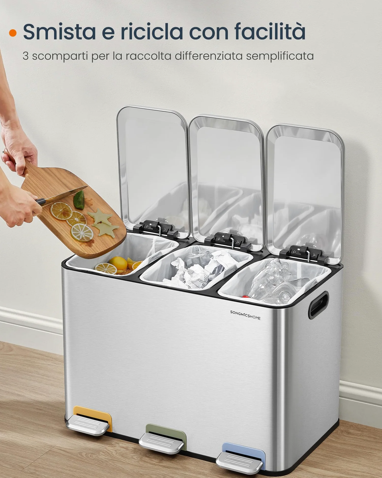 SONGMICS HOME Cestino da Cucina Tripla, Pattumiera per Raccolta Differenziata 3 x 15 L con Pedali Colorati, Raccolta Differenziata, Coperchio e Secchi Interni, Acciaio, Argento Metallizzato